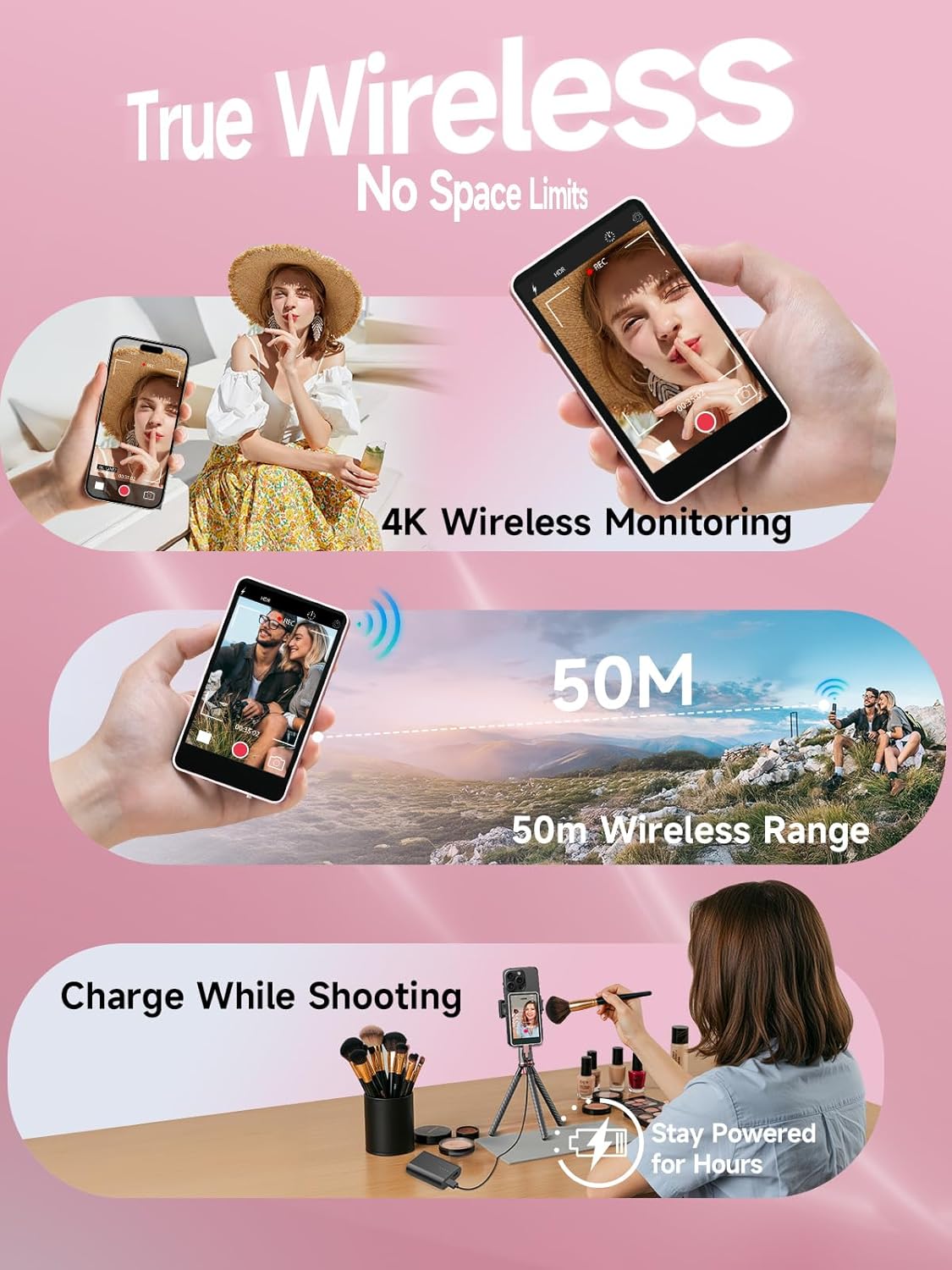 SYNCO XView M4 Écran de Surveillance Magnétique Téléphone 4K/1080p, Caméra Arrière Sans Fil 50m, Rotation 180°, Batterie 3H, Compatible iPhone/Android (Rose) - Image détaillée