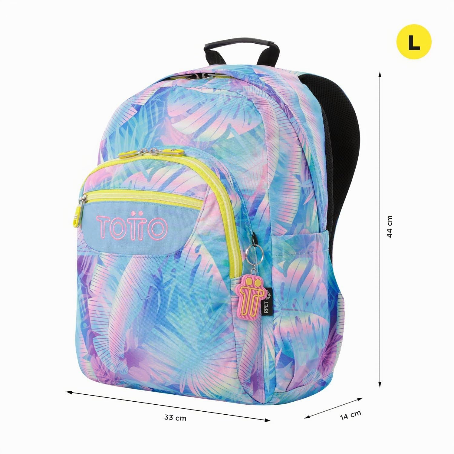 TOTTO - Mochila Escolar Adaptable a Carro, Modelo Acuareles, Capacidad 20 L, Bolsillo para Pc 14", 2 Bolsillo Botella, Espaldar Ergonómico con Flujo de Aire, Cómodas Correas en S, Estampado Prisma