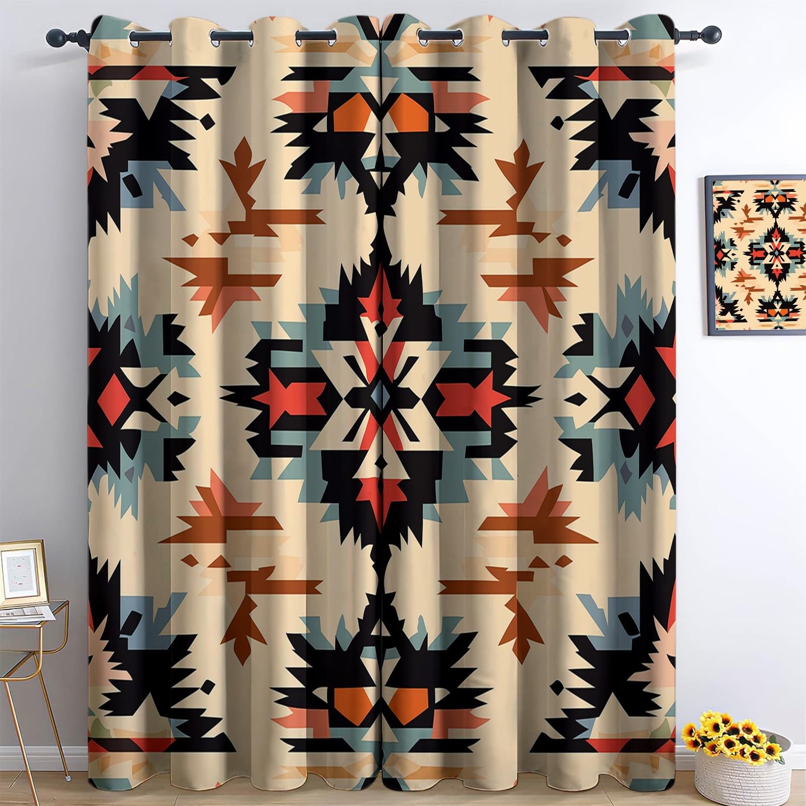 Blickdichte Vorhänge Amerikanische Ethnische Drucke Weiche Thermovorhang Gardinen Blickdicht mit Ösen H 260 x B 140 cm 2er Pack, Verdunkelung Ösenschal Wohnzimmer Schlafzimmer Beige