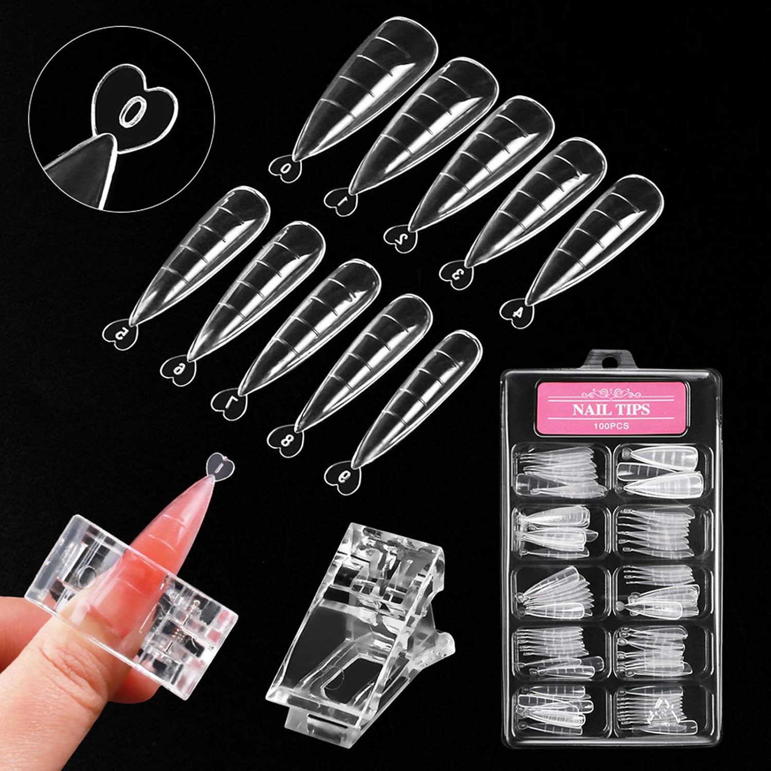 Pongnas 100Pcs Nail Tips, 10 Sizes for Nail Extension with, Suitable for Home Salon Manicure Use