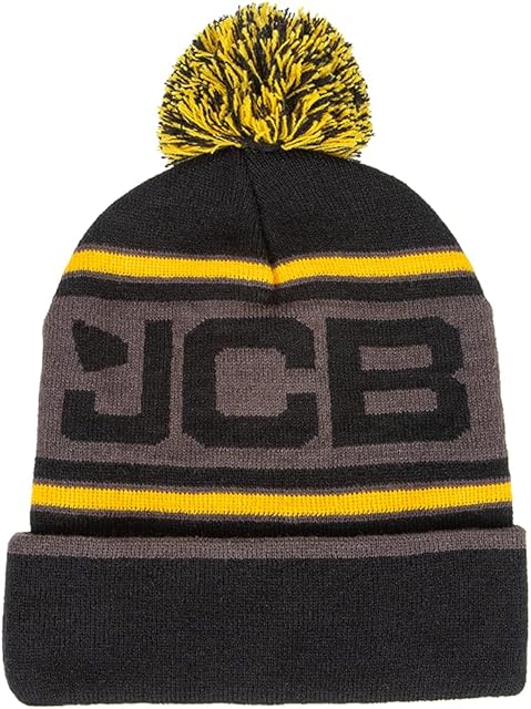 JCB - Beanie Hat - Beanie Hat Men - Unisex Black Beanie - One Size - Bobble/Pom Poms Detail Logo Stitching - Yellow and Grey Accents
