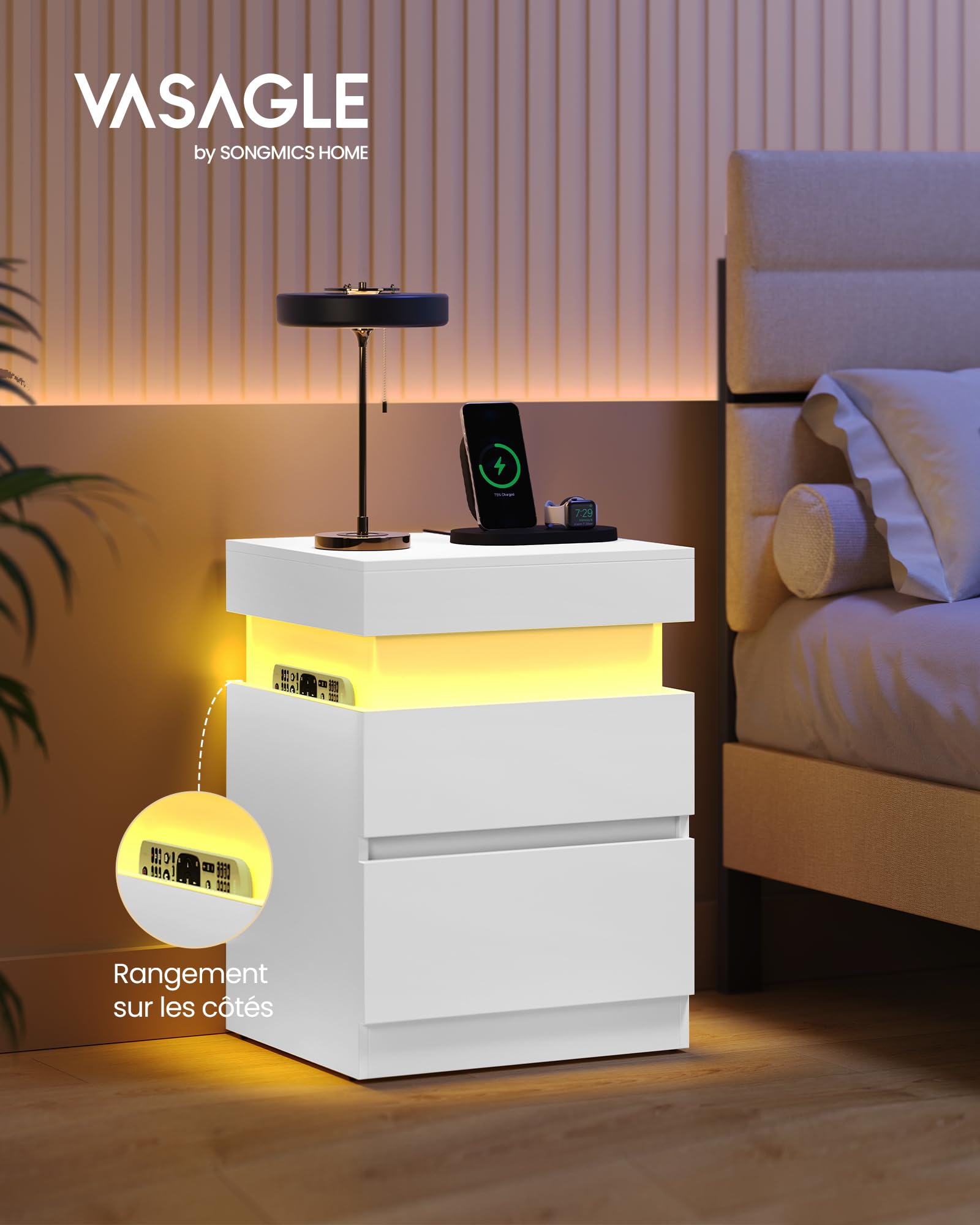 VASAGLE Kailyn Collection - Table de Chevet, Lot de 2, avec Multiprise, Couvercle Coulissant, 2 Tiroirs, Bande LED, Petite Table d’Appoint, Style Moderne, 35 x 40 x 55 cm, Blanc Neige LET840WB01