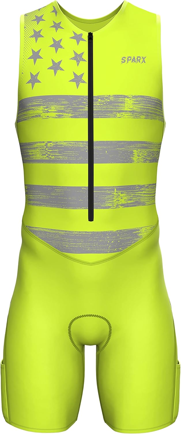 SPARX Mens Premium Triathlon Suit Padded Triathlon Tri Suit Race Suit Swim Bike Run (Neon Flag, S)