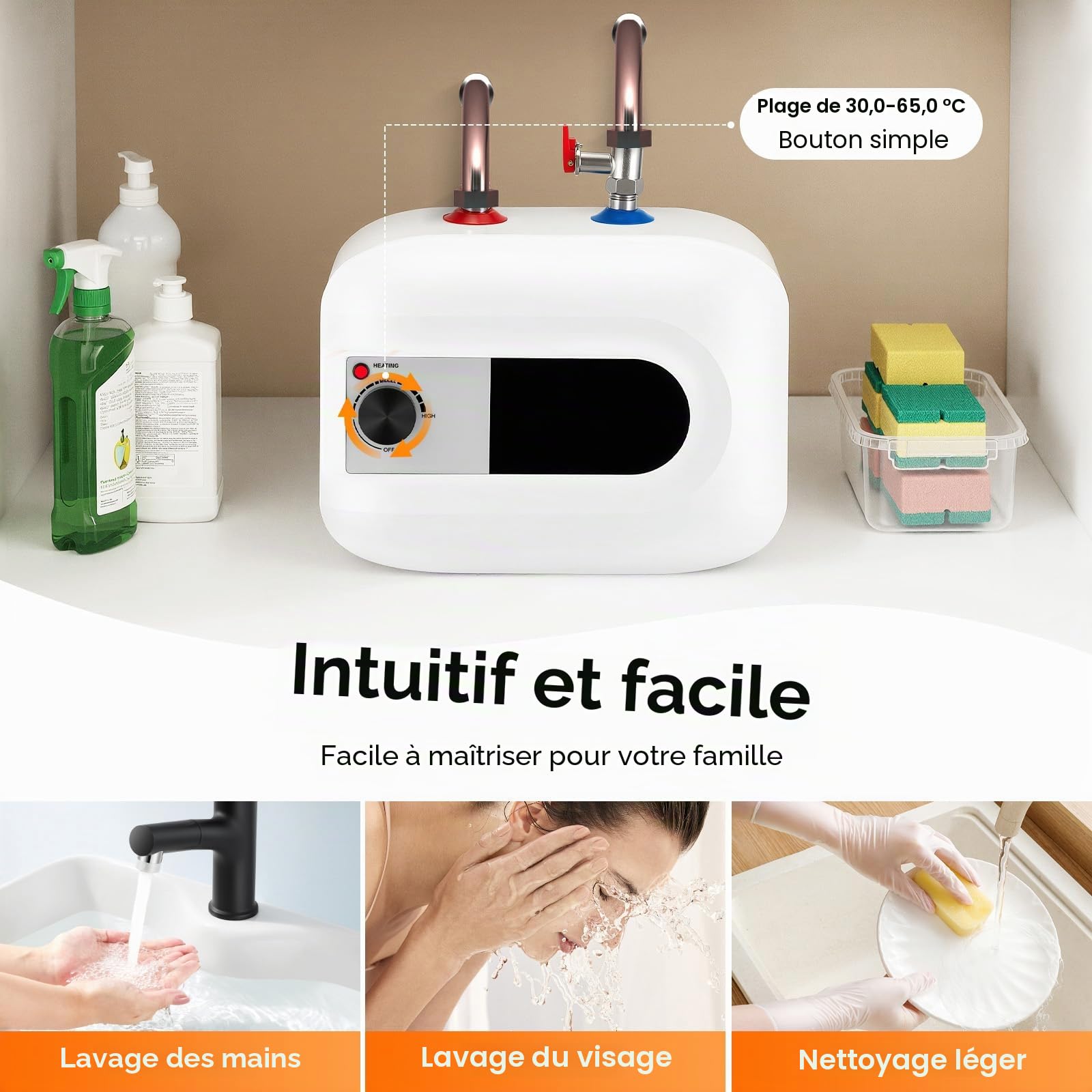 Chauff-eau électrique 6L, Mini chauffe eau instantané electrique 220V 1500W chauffe-eau cuisine d'eau sous évier 30-65℃, Montage mural Chauffe-eau électrique sans réservoir