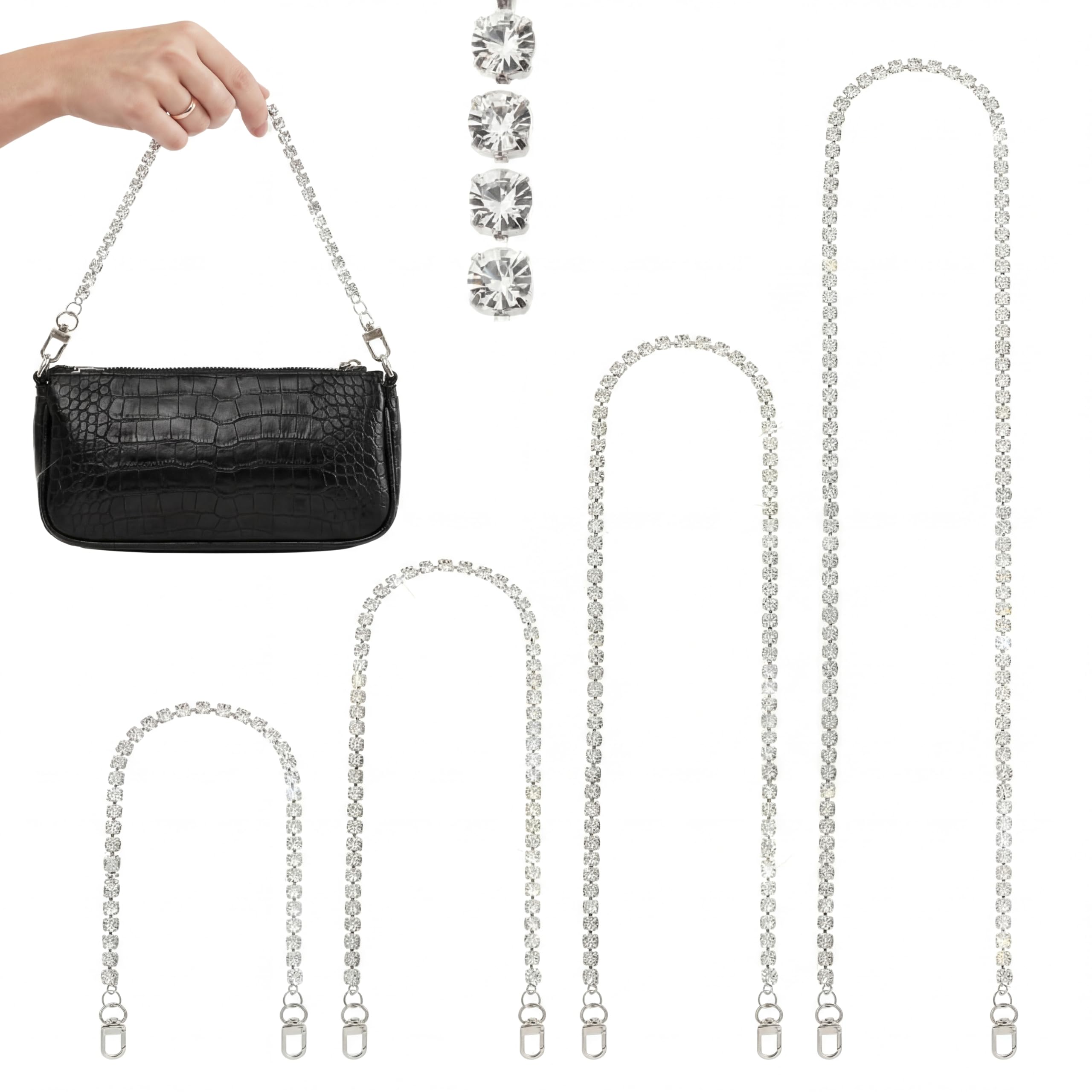 Photo 1 of Hinly Silver 4 Pcs Rhinestone Purse Chain Straps, Different Sizes