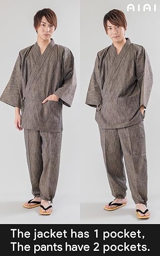 Miniatura 5 de Kurumé Kasuri Samue Virtical Striped suave relax 100% algodón hecho en Japón, Marrón