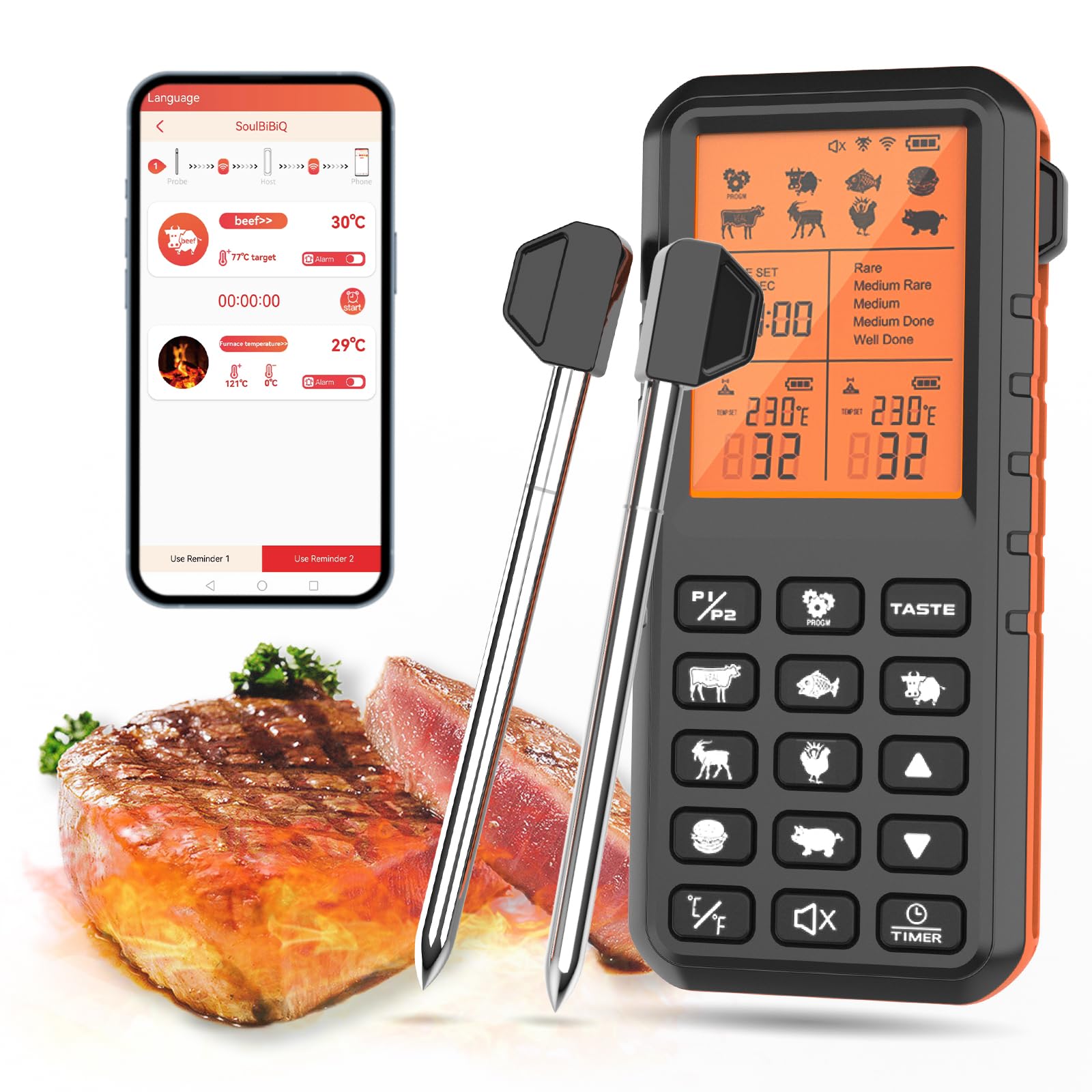 Digital Meat Thermometer, 500FT Wireless Meat Thermometer, Smart App Control, IP67 Waterproof Wireless Meat Probe Oven Safe, Bluetooth Meat Thermometer for Grilling, Kitchen, Cooking BBQ (2)