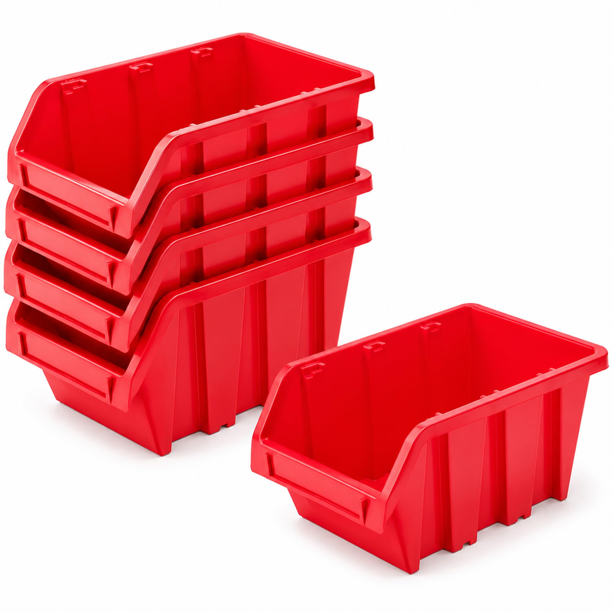 Lot de 5 boîtes empilables d'atelier en plastique PP - Boîtes de rangement pour mur à outils - Rouge - 39 x 24 cm