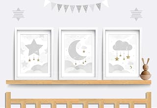 Nursery wall art. Set of 3 Star Nursery prints. Cloud nursery decor. Moon nursery art. Grey baby print. Baby gift. Gender neutral art
