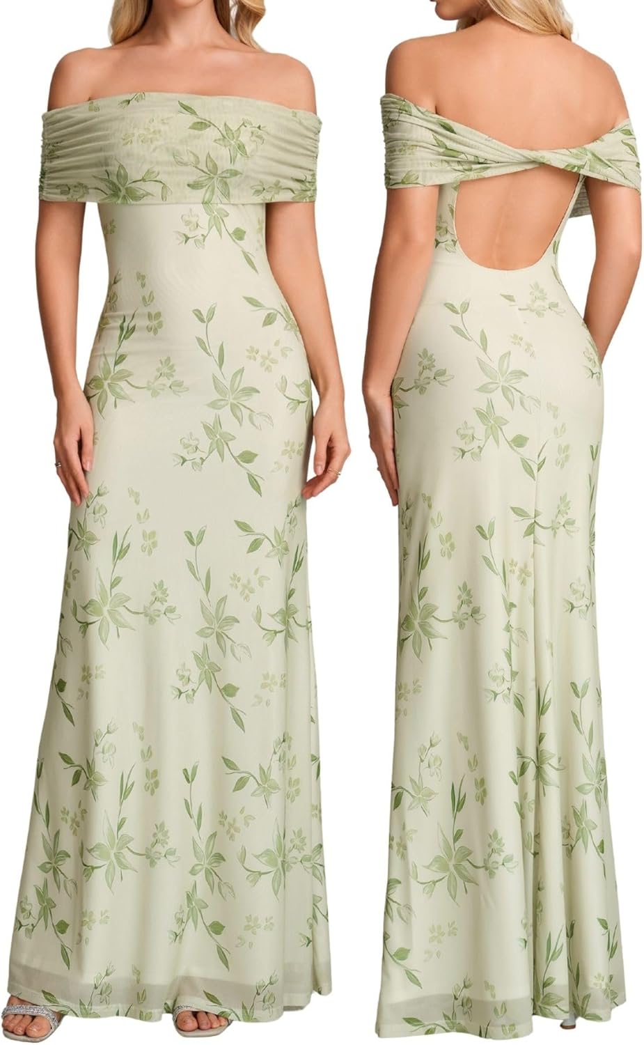 Parthea Formal Wedding Guest Dress for Women Floral Off The Shoulder Bodycon Party Cocktail Maxi Dresses