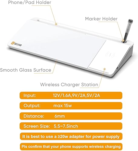Miniatura 6 de Pizarra blanca de cristal de escritorio con estación de carga inalámbrica y espejo integrado, tablero de borrado en seco, soporte para teclado con
