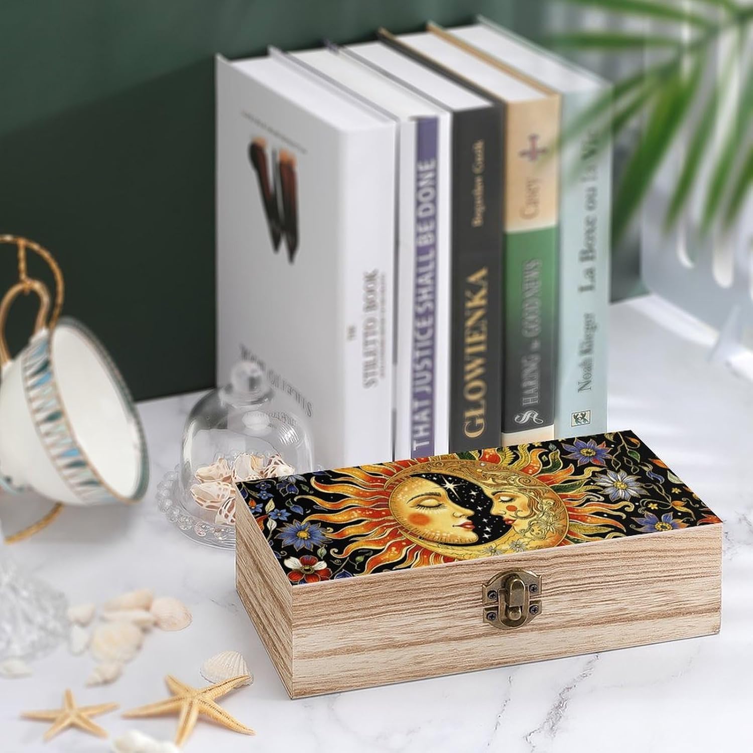 Vintage Wooden Storage Box with Hinged Lid, Floral Sun And Moon image 4