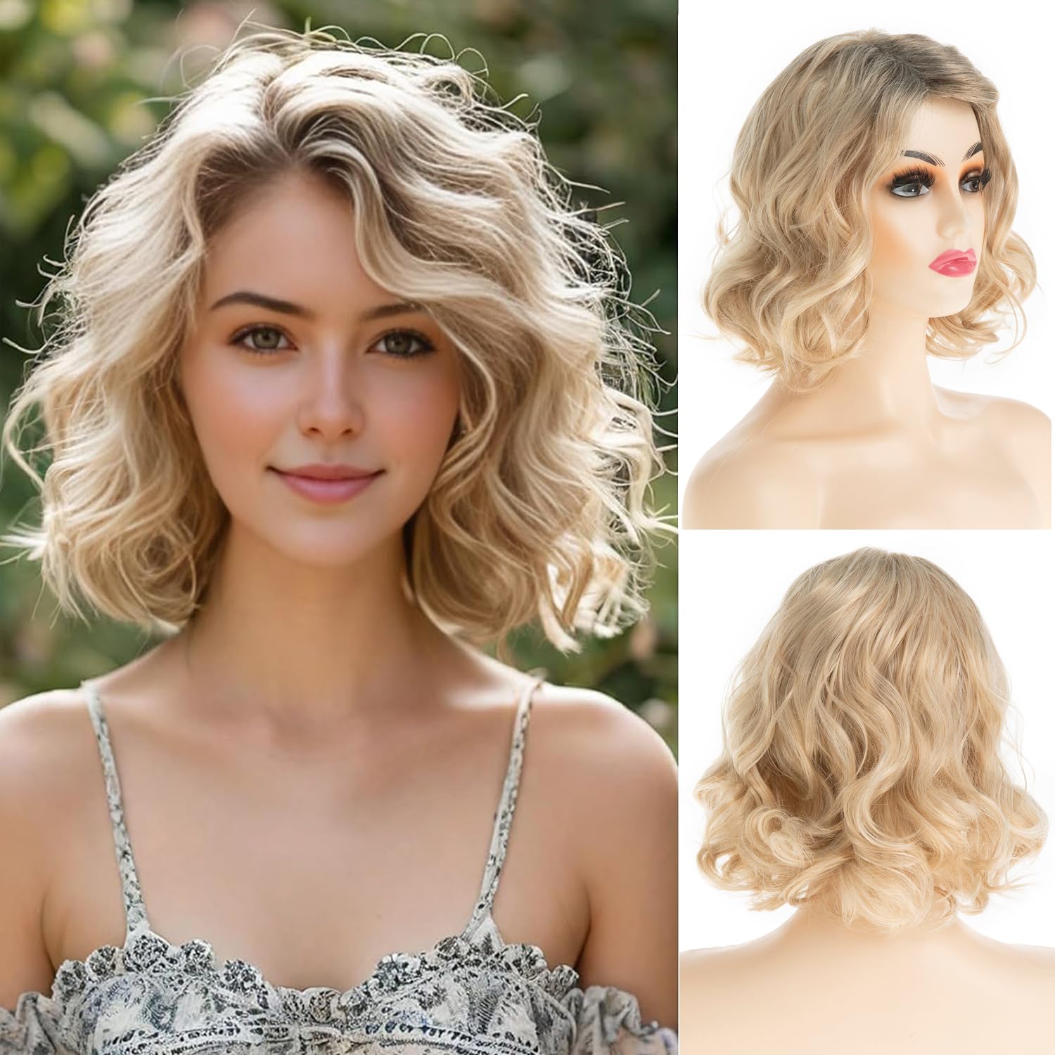 Baruisi Short Wavy Blonde Wig for Women Synthetic Side Part Halloween Cosplay Hair Wig, 21.5-23.5 inches