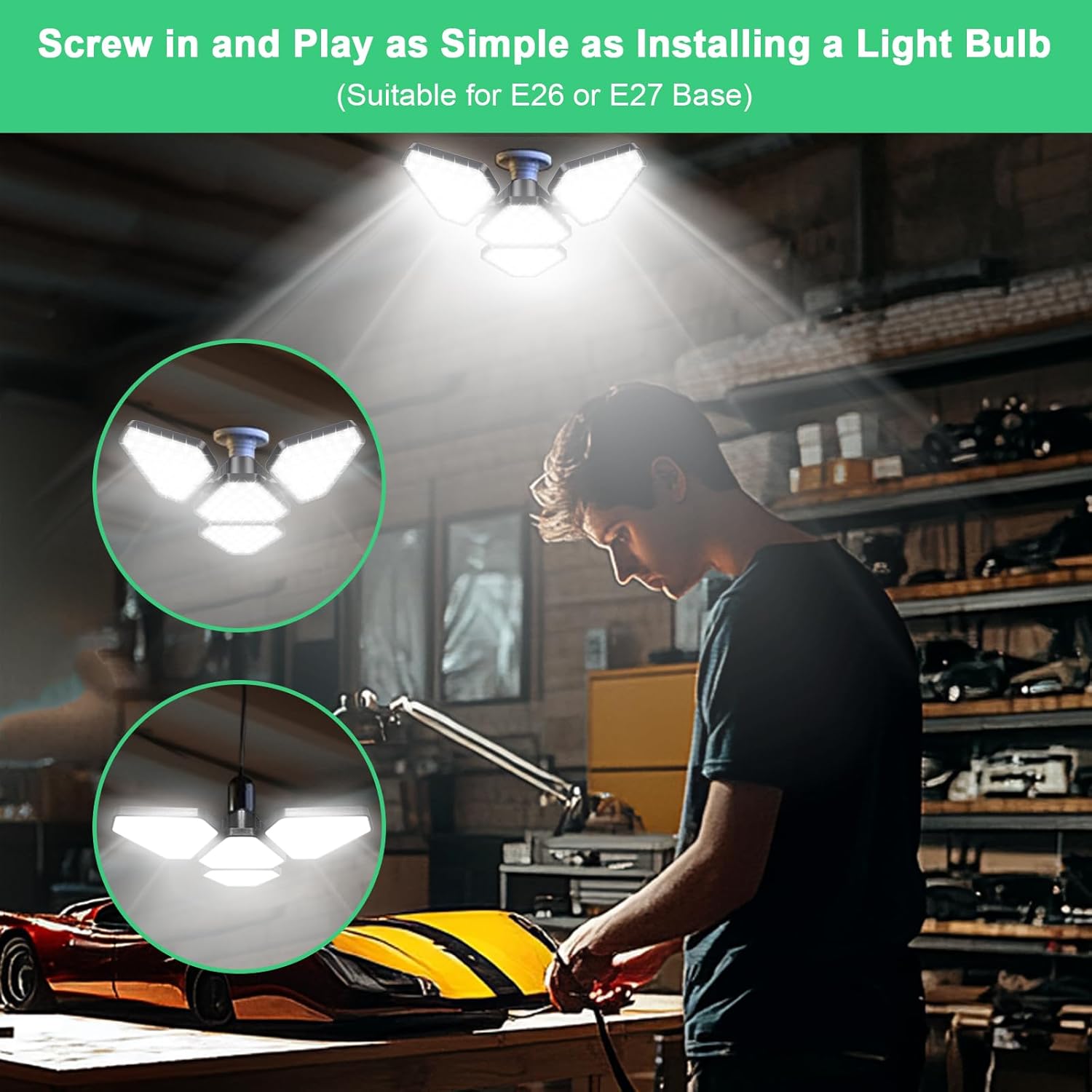 2 Pack Garage Led Light Bulb Triangular Fixture 120w 15000LM 6500K 3 Plus 1 Adjustable Super Bright Led Garage Light Screw into E26 or E27 Basement for Workshop attic barn shed