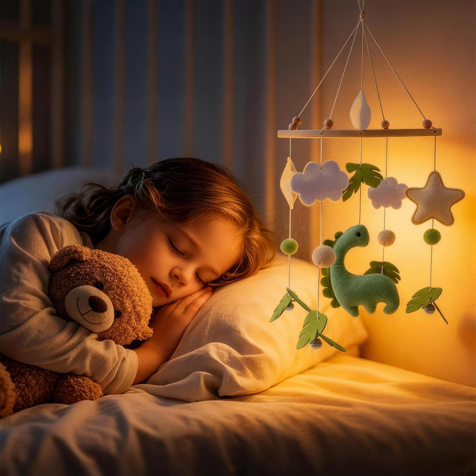 Mobilny drewniany dinozaur 3D, dzwonek wietrzny do łóżeczka dziecięcego z filcowymi kulkami, mobilne łóżko dla niemowląt z gwiazdami, chmurami i liśćmi, do łóżeczek dziecięcych dla chłopców i