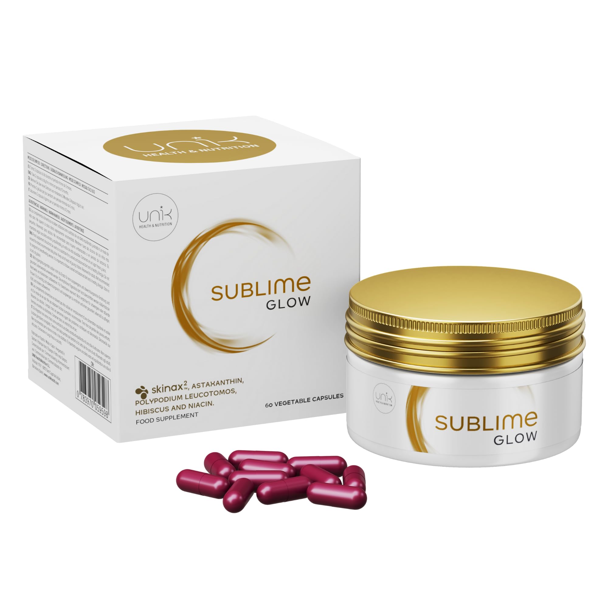 Astaxantina Integratore Glow Pelle 60 Capsule – SkinAx Niacina Zinco Polypodium Hibiscus – Antiossidante Potente per Tono Uniforme, Occhiaie e Rossori – Nutricosmetico | Unik Health