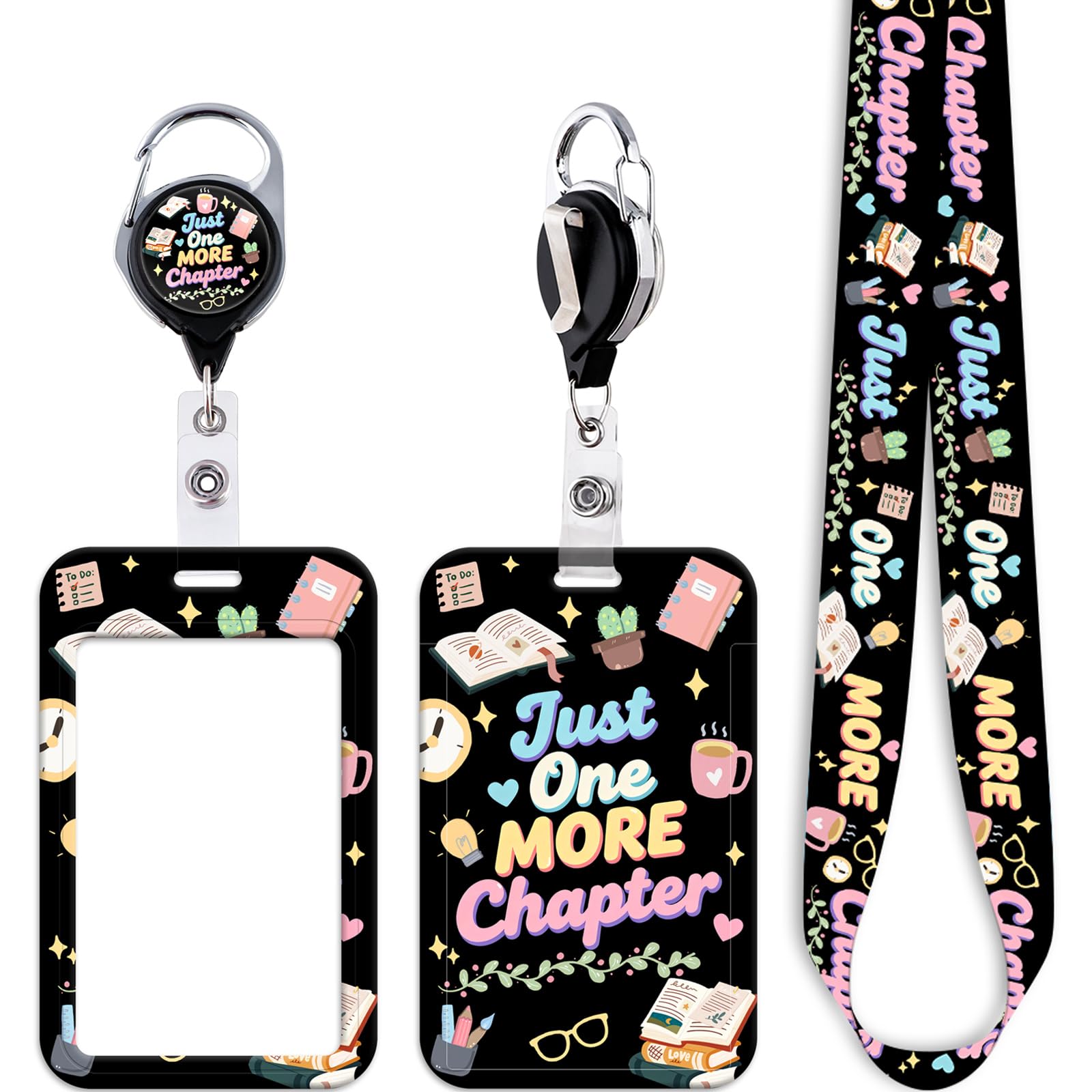 Cute Black Books Badge Reel with ID Card Holder Lanyard Funny Keychain Heavy Duty Retractable Badge Holder Reel Clip for Office Nurses Staff & School ID Teachers Lanyard ID Holder for Keys Name Tag — image 1