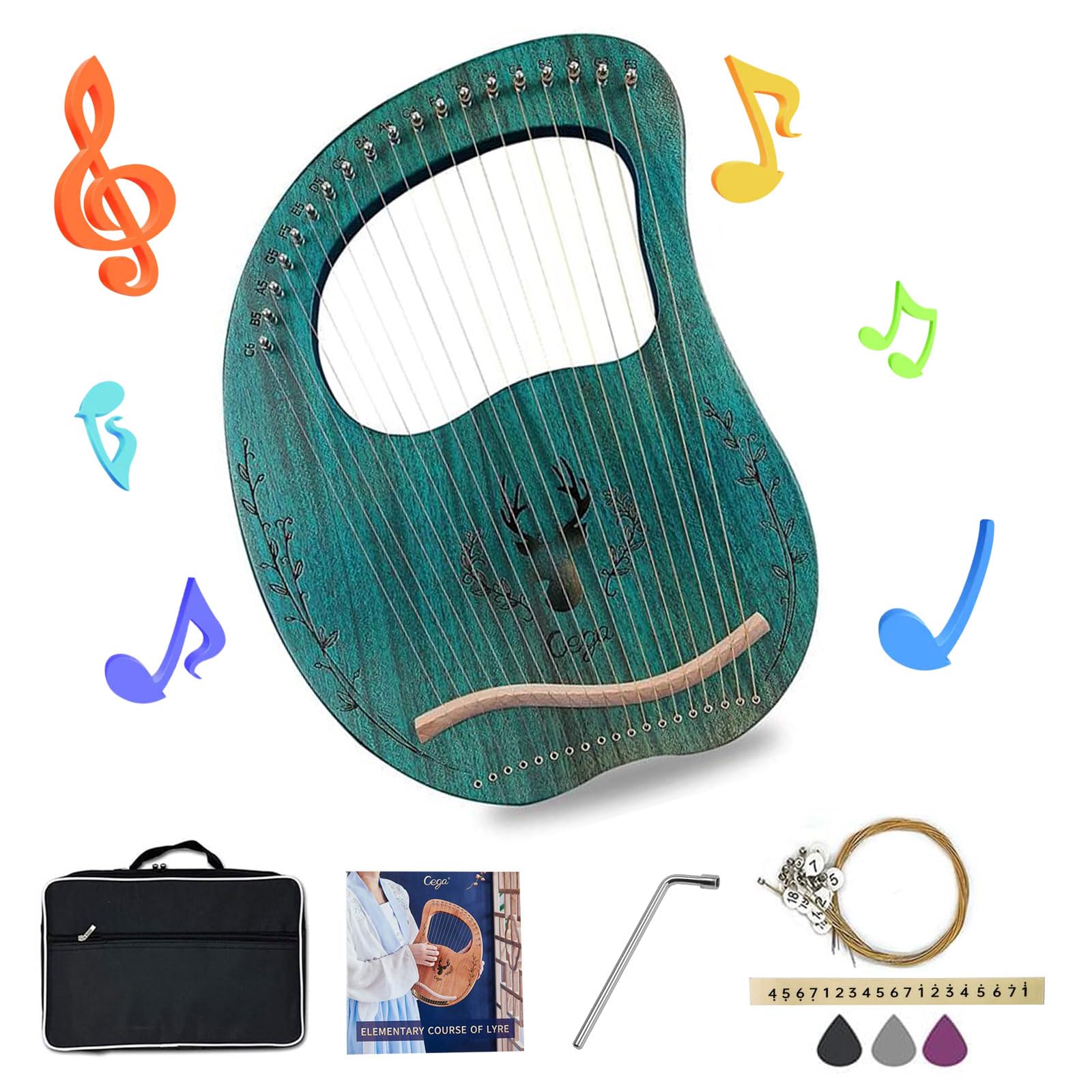 CDIYTOOL Lyre Harp 19 Metal Strings Wood Portable Solid Maple Saddle Mahogany Harp String Instrument with Black Bag Strings Carry Cloth Sheet Tuning Wrench