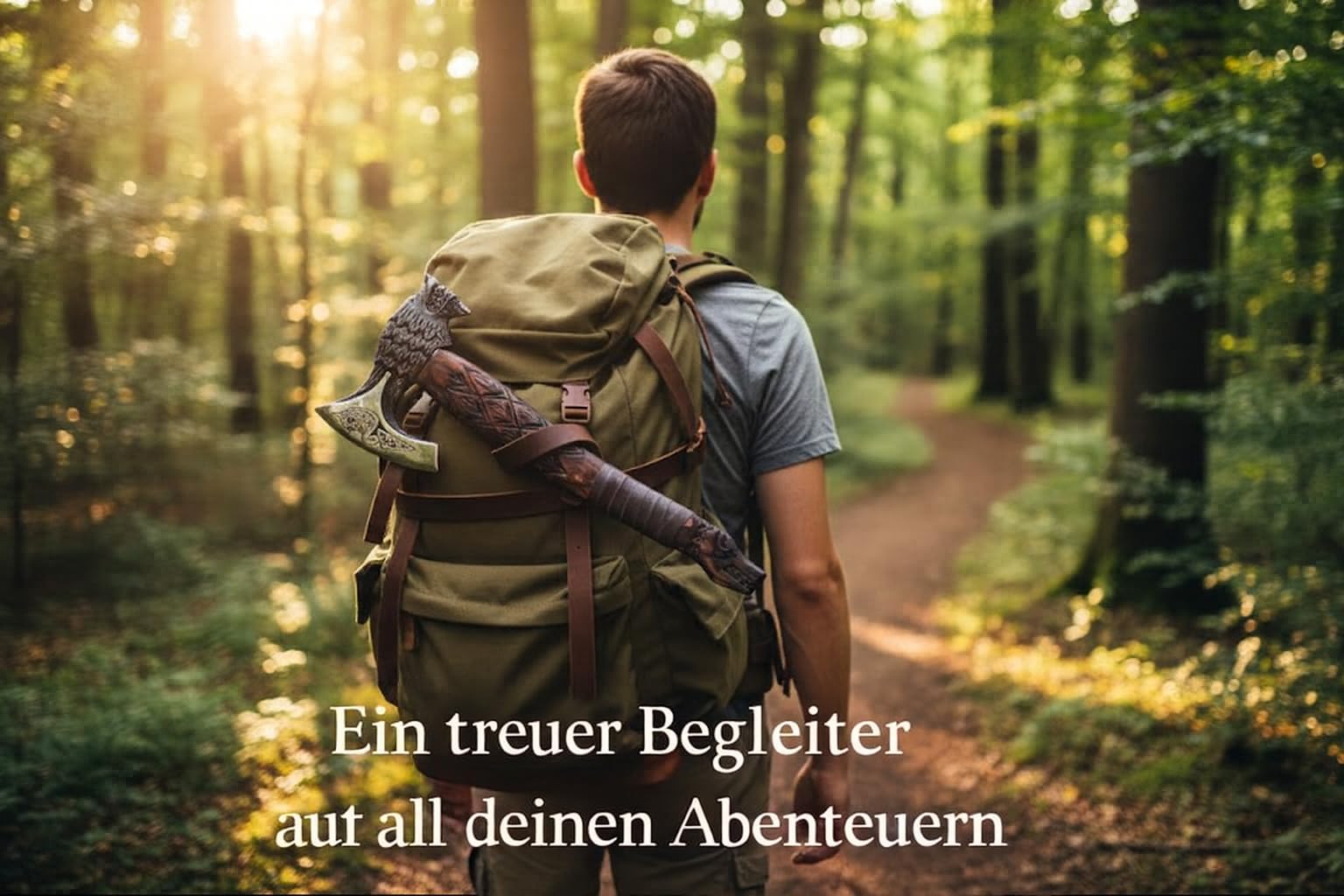 Novahaven Fenrir – Handgeschmiedete Outdoor Axt 56 cm Carbonstahl mit geschnitztem Eschenholzgriff, Wolfskopf & Drachendesign, Lederscheide für Camping & Dekoration