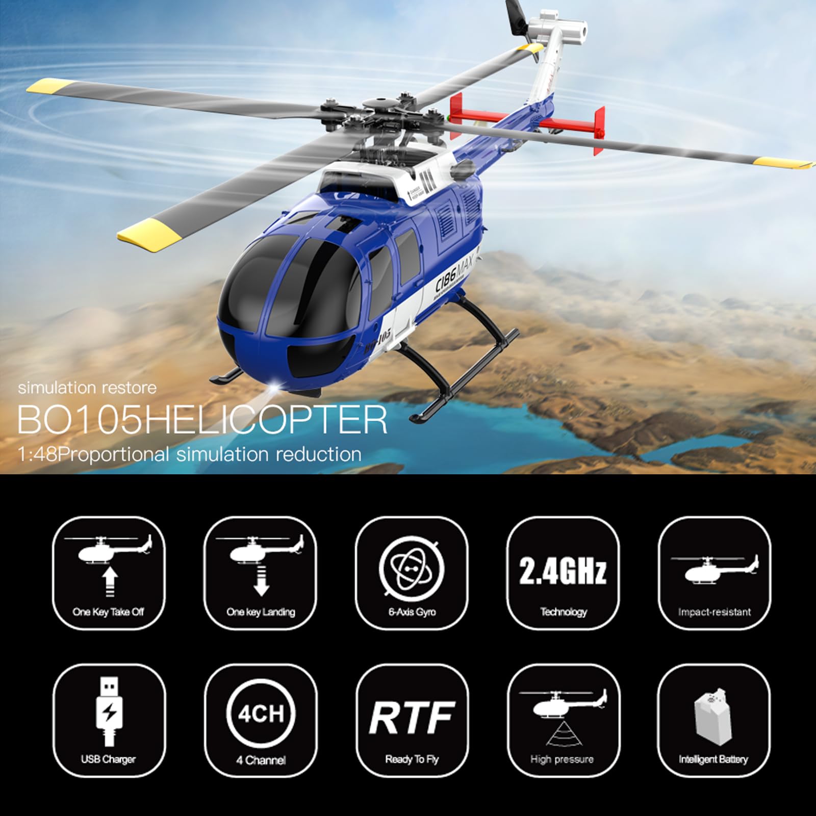 Elicottero radiocomandato 2,4 G RC giroscopio a 6 assi 4 canali, elicottero senza timoni con funzione di posizionamento ottico del flusso allarme a bassa tensione