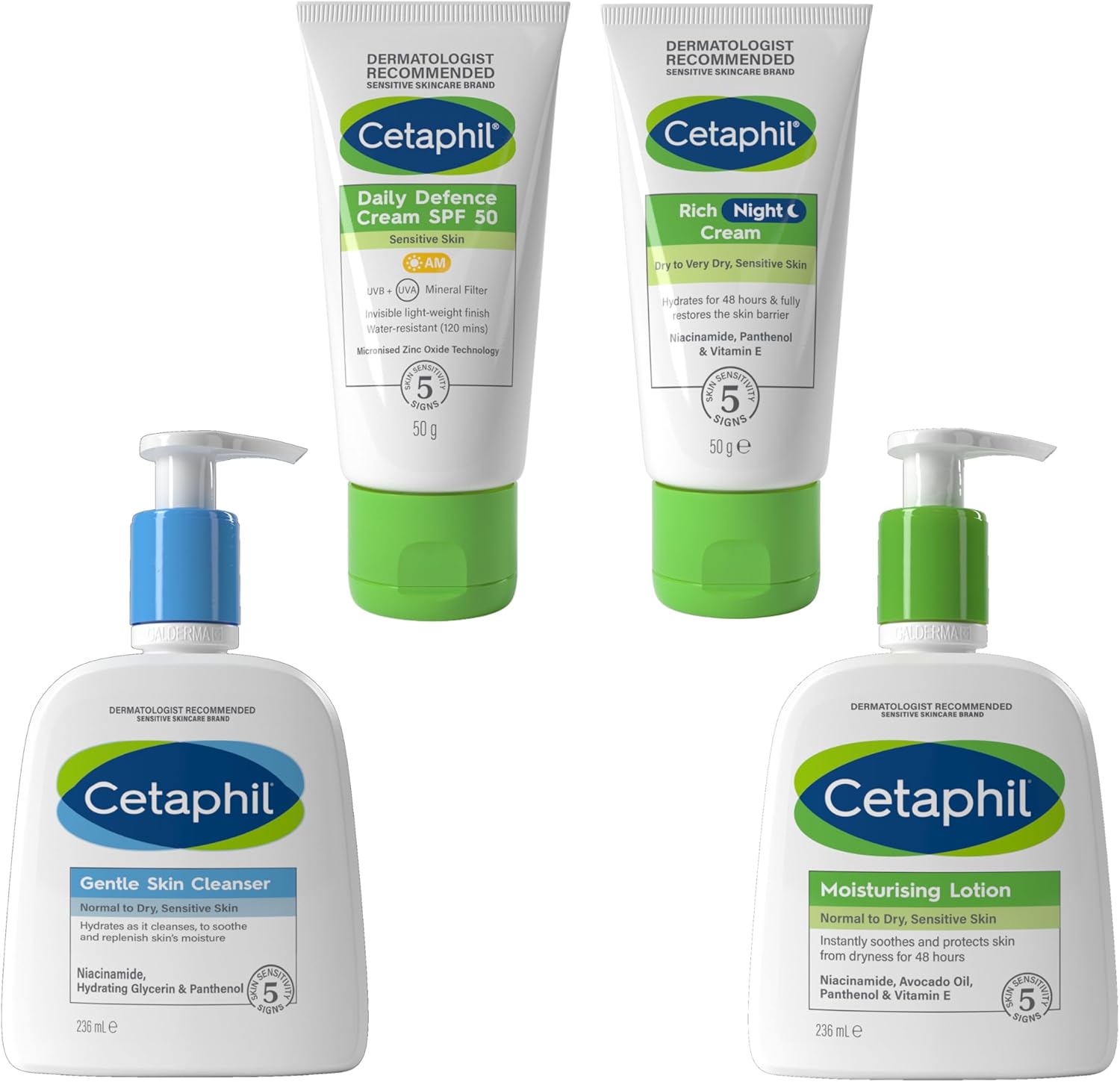 Cetaphil Ultimate Sensitive Skin Face & Body Skincare Set, Gentle Skin Cleanser 236ml + SPF 50 Face Cream 50g + Night Cream 50g + Moisturising Lotion 236ml Cetaphil Ultimate Sensitive Skin Face & Body Skincare Set, Gentle Skin Cleanser 236ml + SPF 50 Face Cream 50g + Night Cream 50g + Moisturising Lotion 236ml