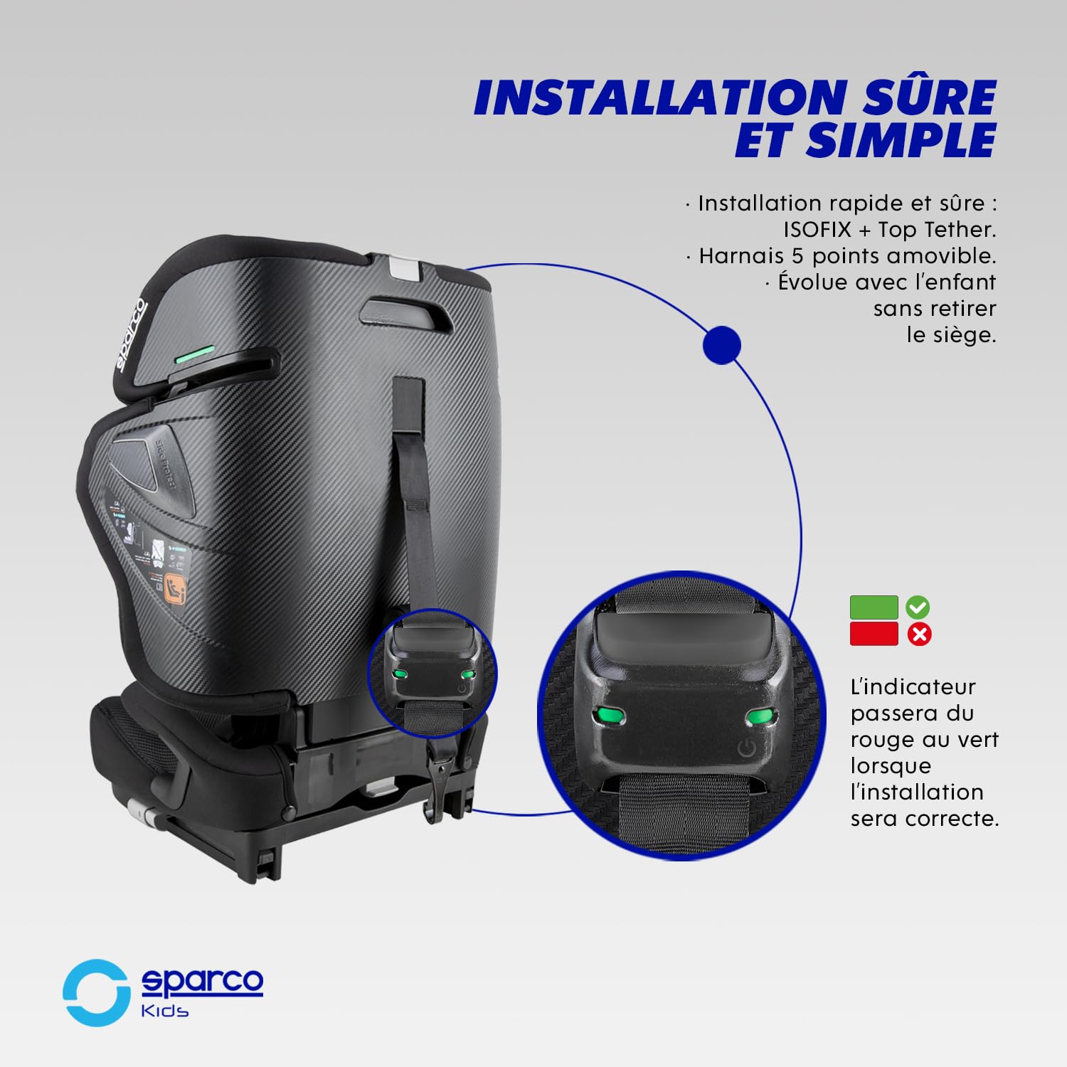 Siège auto Sparco i-Size SK8000IBK pour enfants de 76 à 150 cm, homologué ECE R129/04, avec ISOFIX et Top Tether, appuie-tête réglable, dossier rabattable et harnais à 5 points, couleur noire