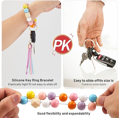 Miniatura 4 de keychain wristlet Silicone Key Ring Bracelet Car Keys Holder Women Beaded Bangle Chains with Leather Tassel
