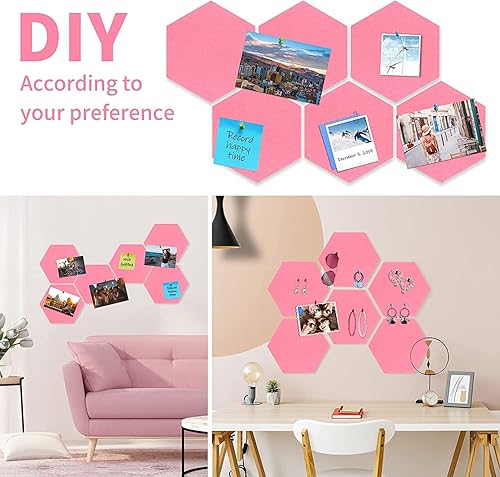 Miniatura 6 de 6 azulejos hexagonales de fieltro para pared, tablero de corcho autoadhesivo, tableros de anuncios hexagonales con pasadores, tablero de corcho de