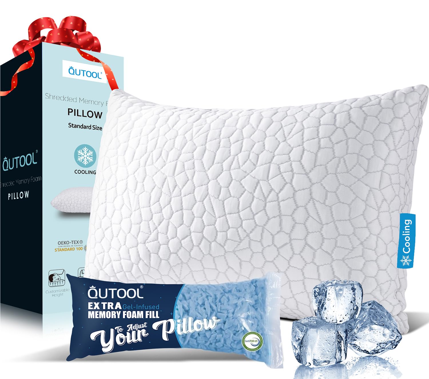 Cooling Adjustable Pillow for Hot Sleeper, Custom Loft Support with Breathable Shredded Memory Foam CertiPUR-US Certified Standard Size Bed Pillow for Side, Back, Stomach Sleeper Gift for Better Sleep