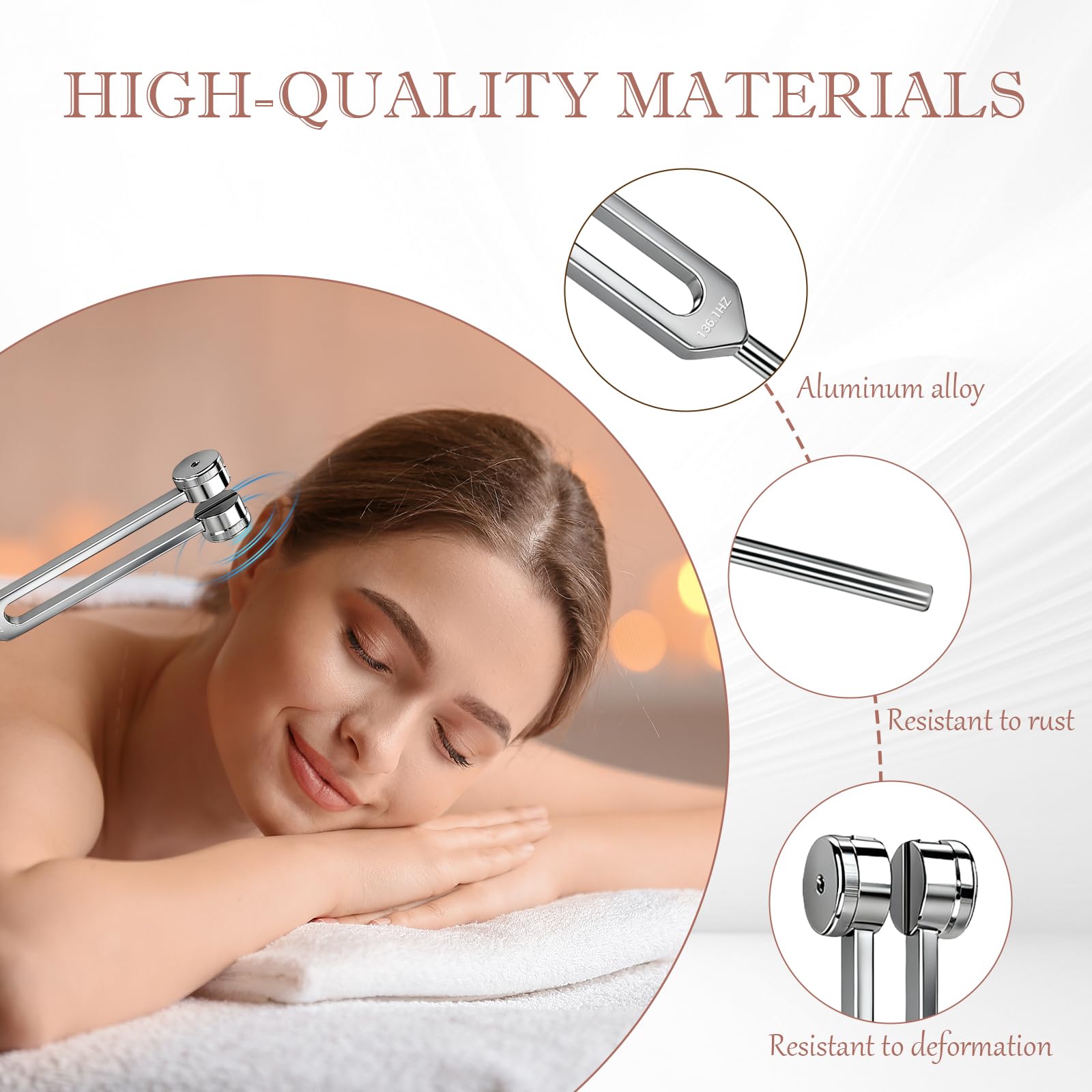 Set di diapason per guarigione (128 Hz, 256 Hz, 512 Hz, 528 Hz), diapason medico per la meditazione e la guarigione del suono, con attivatore e due martelli in gomma