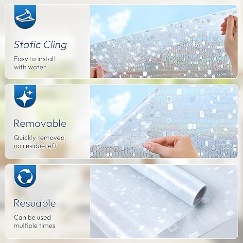 Miniatura 7 de rabbitgoo Película decorativa de privacidad para ventana, diseño de arco iris, adhesivo 3D para ventana, bloqueo solar anti-UV, control de calor,