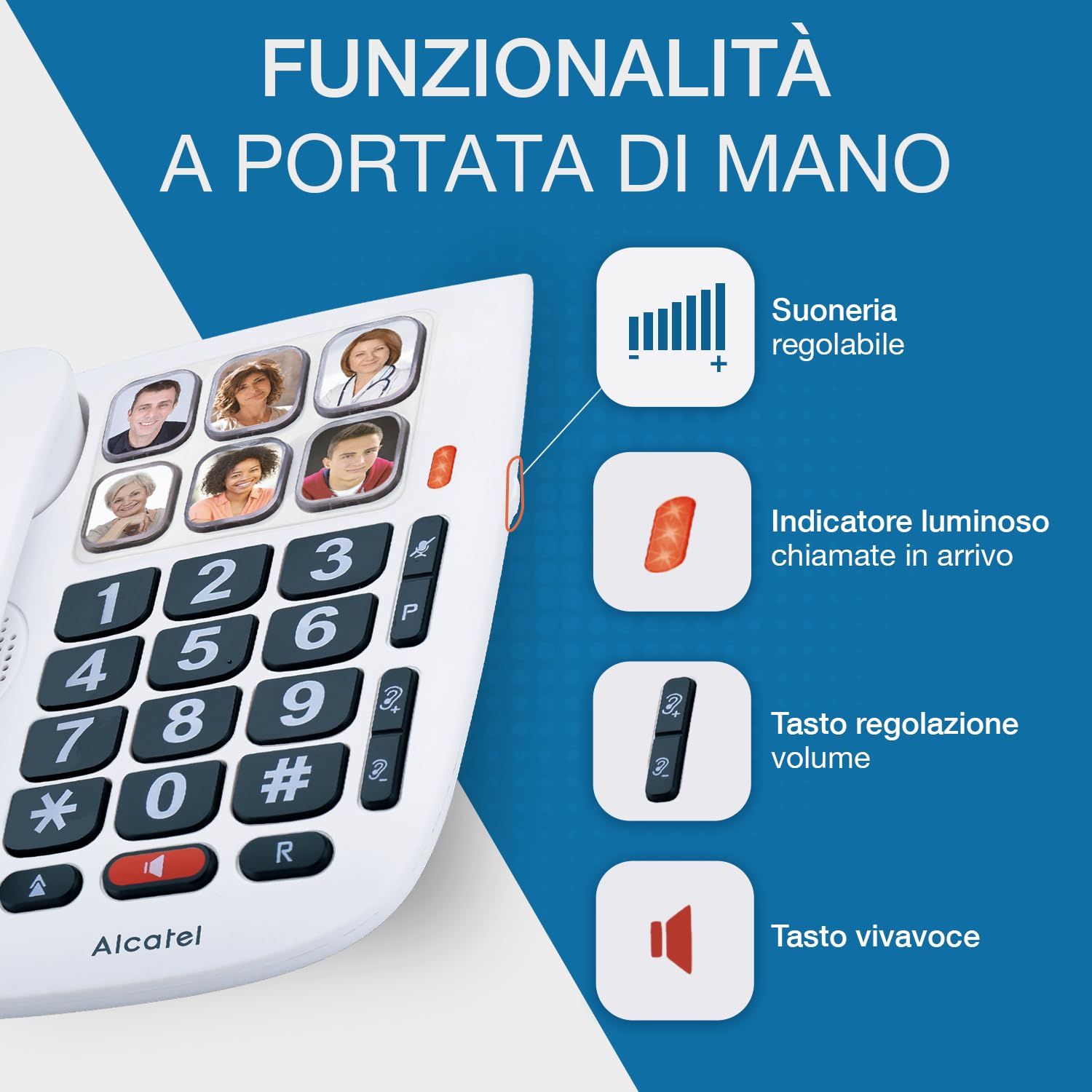 ALCATEL TMAX 10 - Telefono Fisso a Filo per Anziani - Tasti Grandi - Vivavoce - Indicatore Luminoso Chiamata in Arrivo - Tasti con Foto - Compatibile con Apparecchi Acustici - Bianco