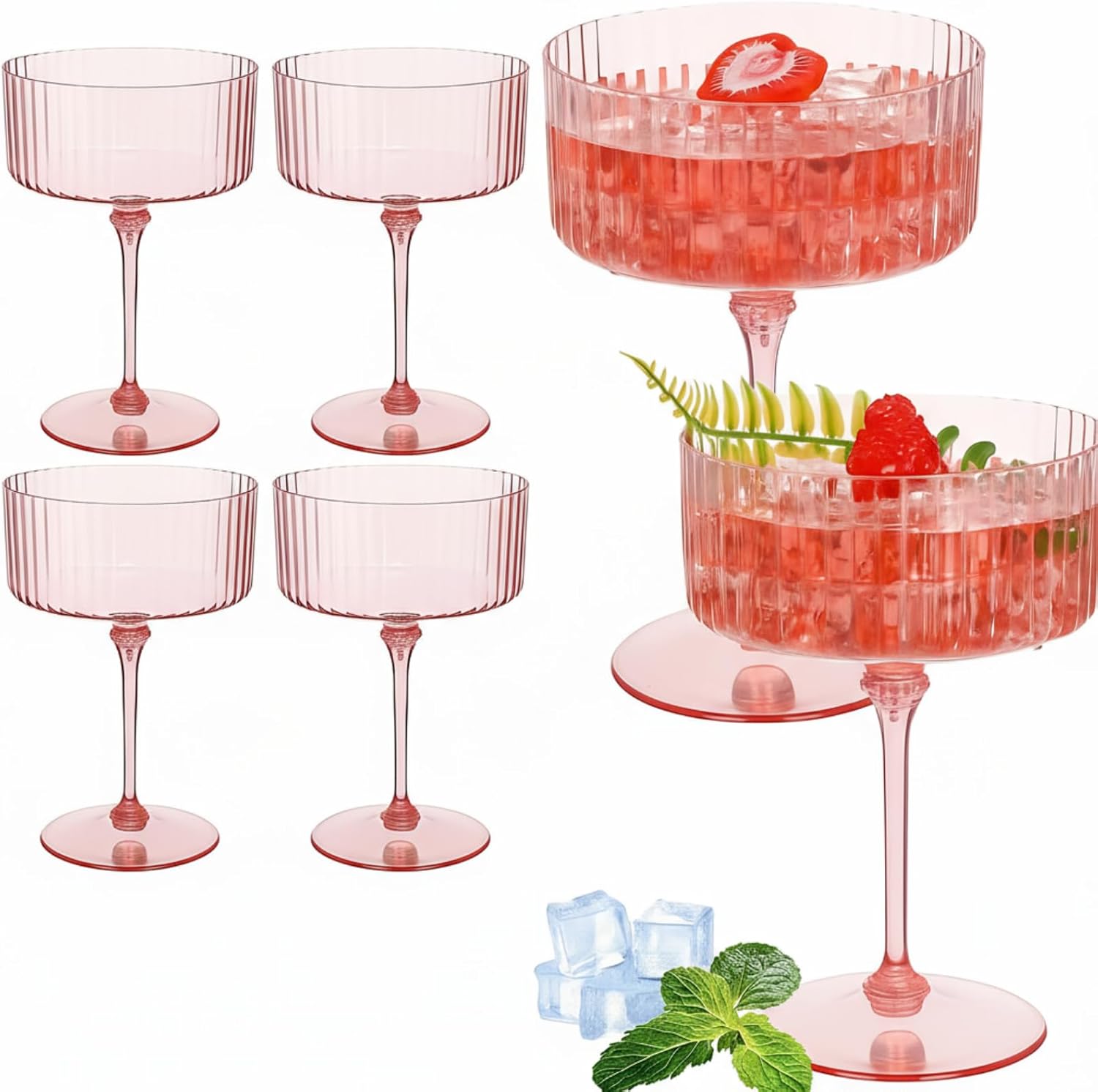 6 Pcs Ribbed Martini Glasses 10 oz Disposable Plastic Vintage Ribbed Coupe Glasses Cocktail Unbreakable Dessert Parfait Glassware for Wedding Birthday Party Supplies (Pink) Pink 6