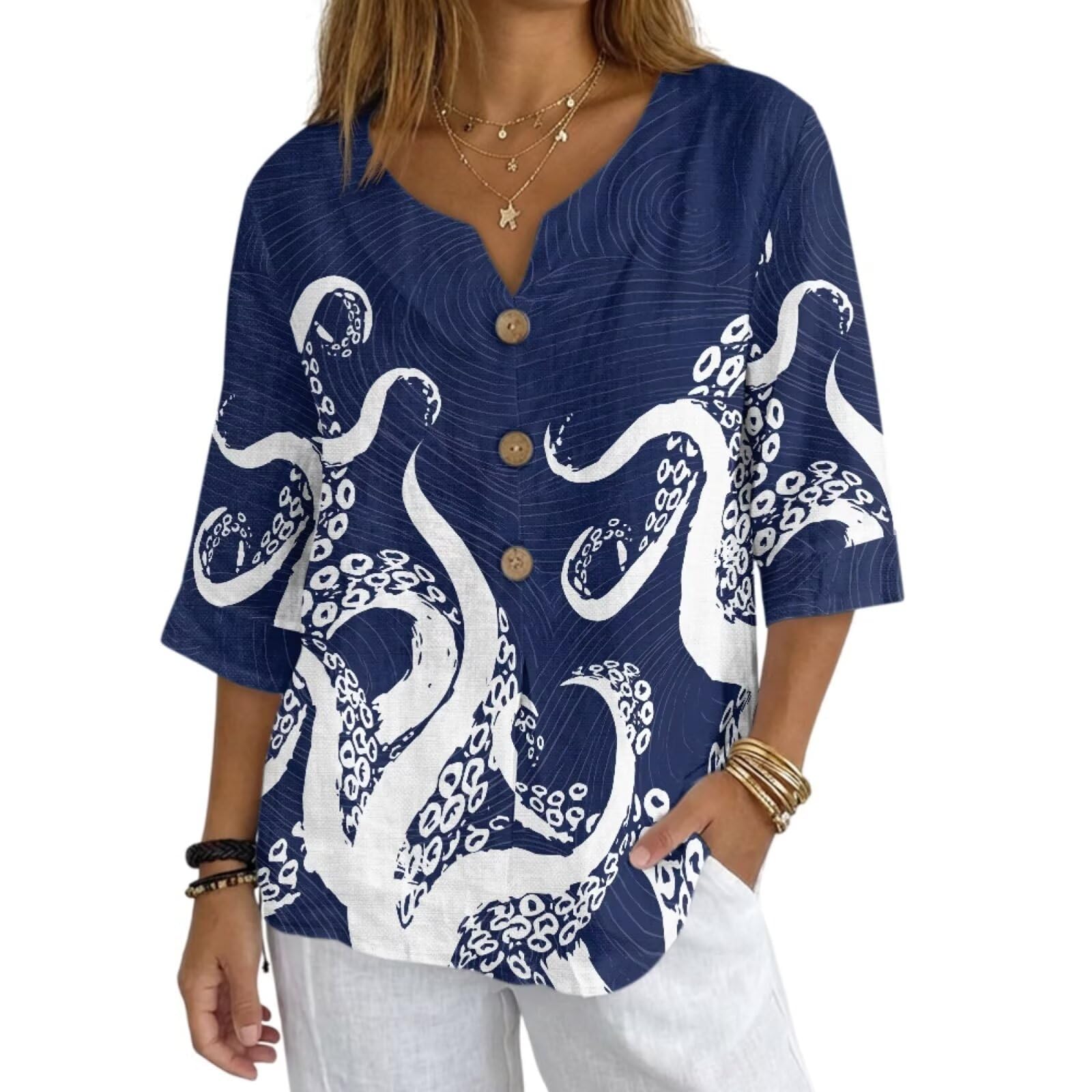 Women's V-Neck Tunic Top, Casual Polyester Linen Blouse with Decorative Buttons, Loose Fit Easy Care Everyday Wear