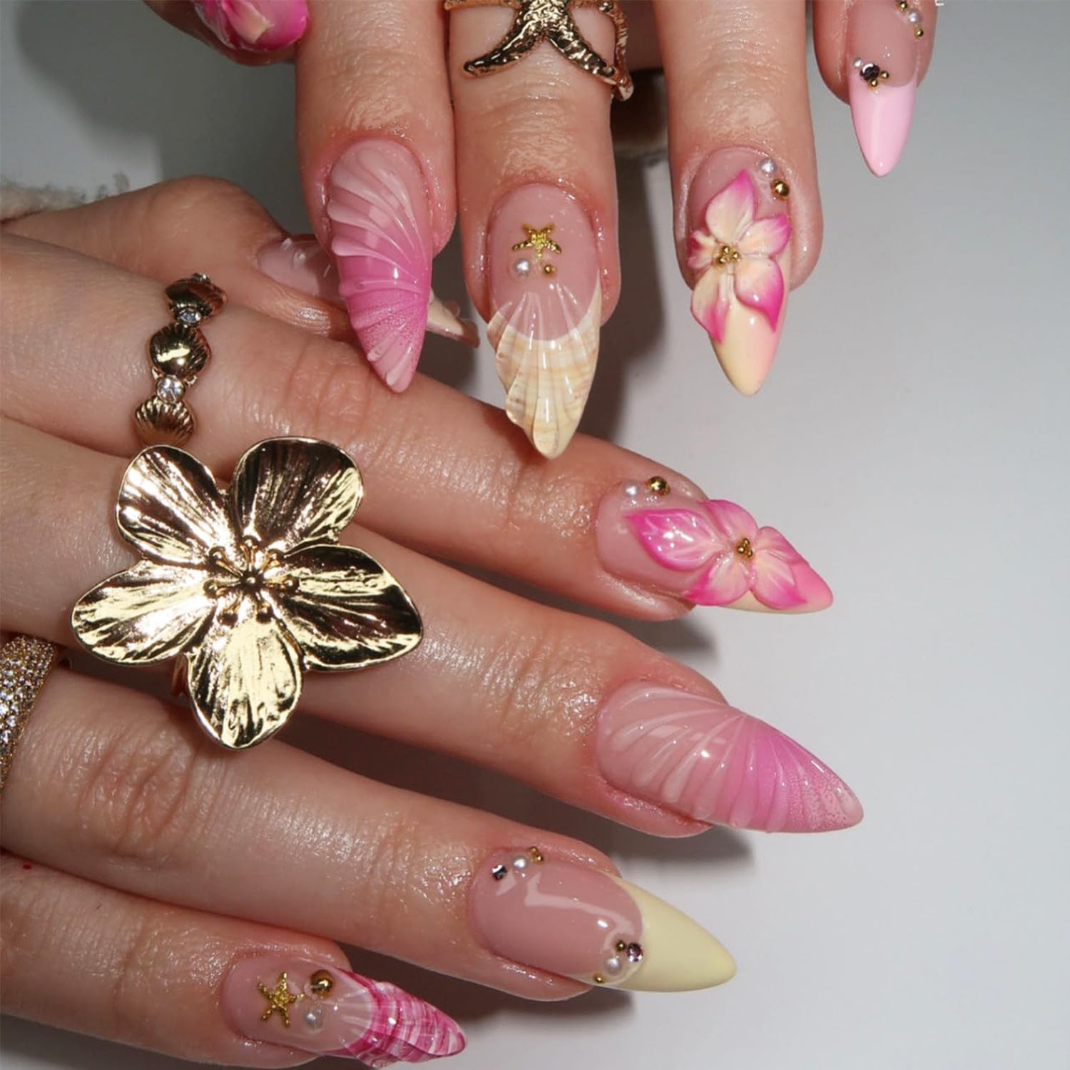 Lot de 24 faux ongles artificiels en forme d'amande avec fleurs hawaïennes roses en acrylique et strass dorés - Pour femme