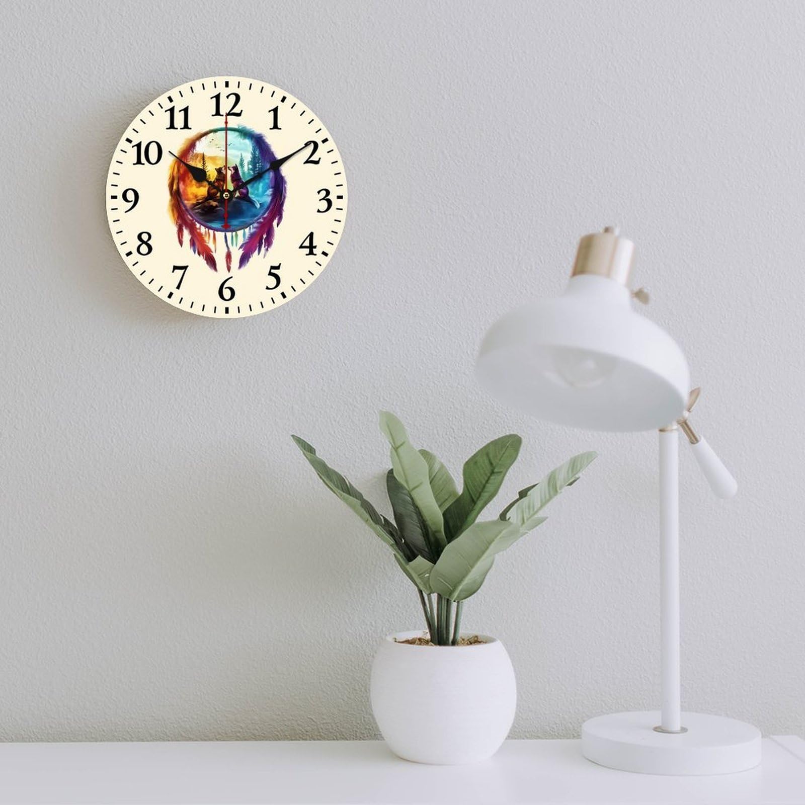 Wolf bunte Traumfänger-Wanduhr aus Holz, nicht tickend, batteriebetrieben, für Büro, Wohnzimmer, Schlafzimmer, Küche