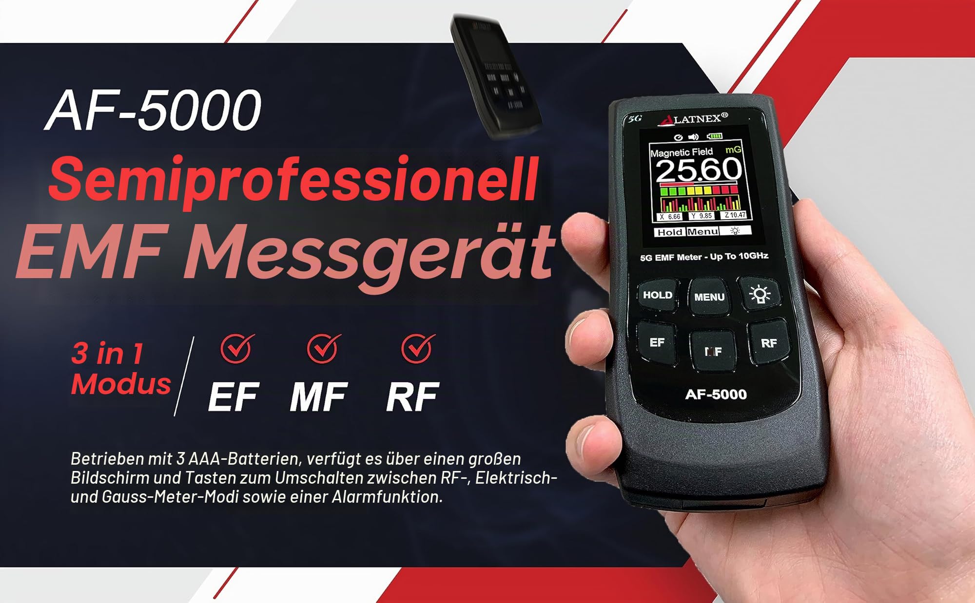 LATNEX AF-5000 5G EMF-Messgerät, HF-Detektor, Tester und Lesegerät mit Kalibrierzertifikat – misst HF- und Mikrowellen, 3-Achsen-Magnetfelder und elektrische Felder
