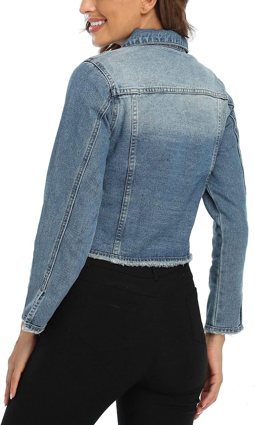 Anienaya Jean Jacket Women’s Frayed Washed Button Up Cropped Denim Jacket w 2 Side Pockets - Image 2