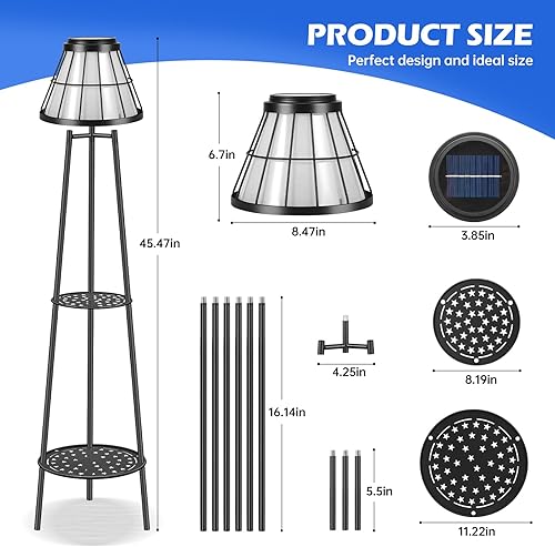 Miniatura 2 de Paquete de 2 lámparas solares de pie de metal de 45.4 pulgadas, luces solares impermeables con 2 soportes para plantas, soporte de plantas para