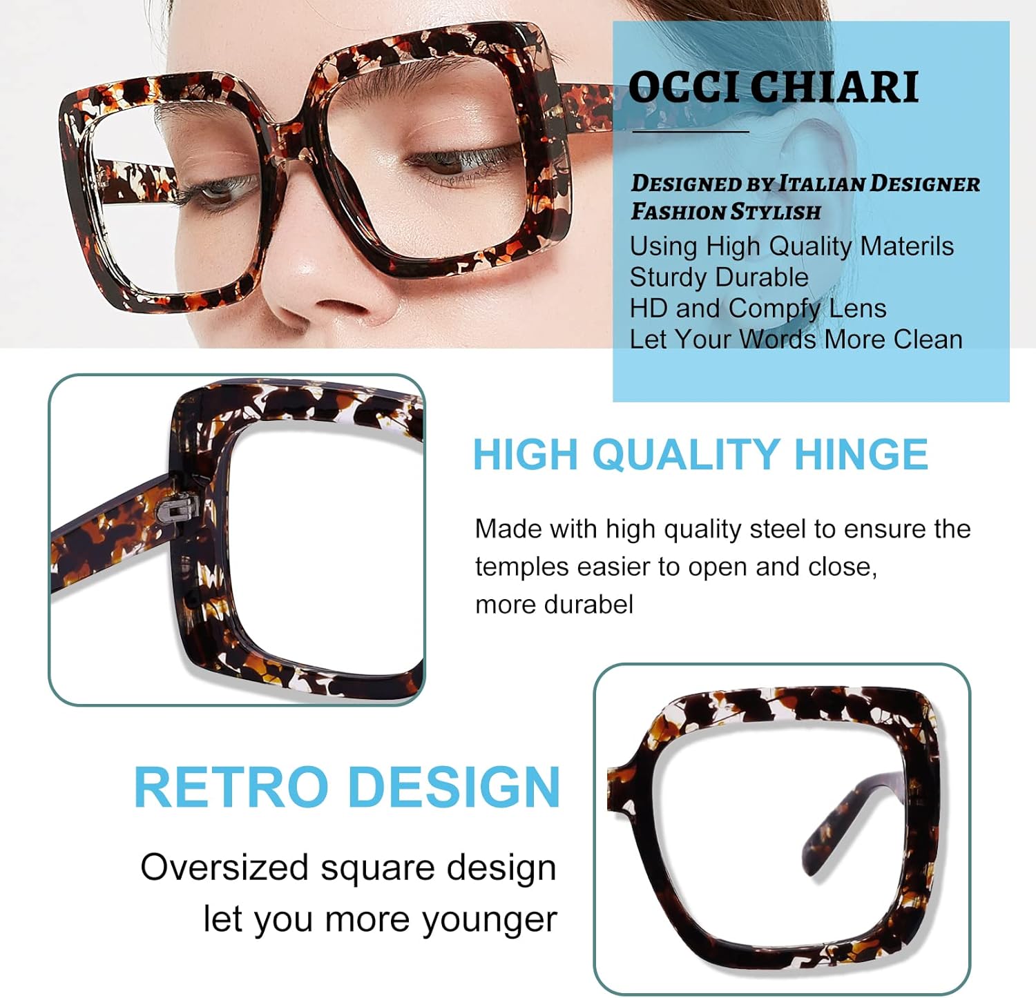 OCCI CHIARI Large Oversized Reading Glasses Women Square Vintage readers