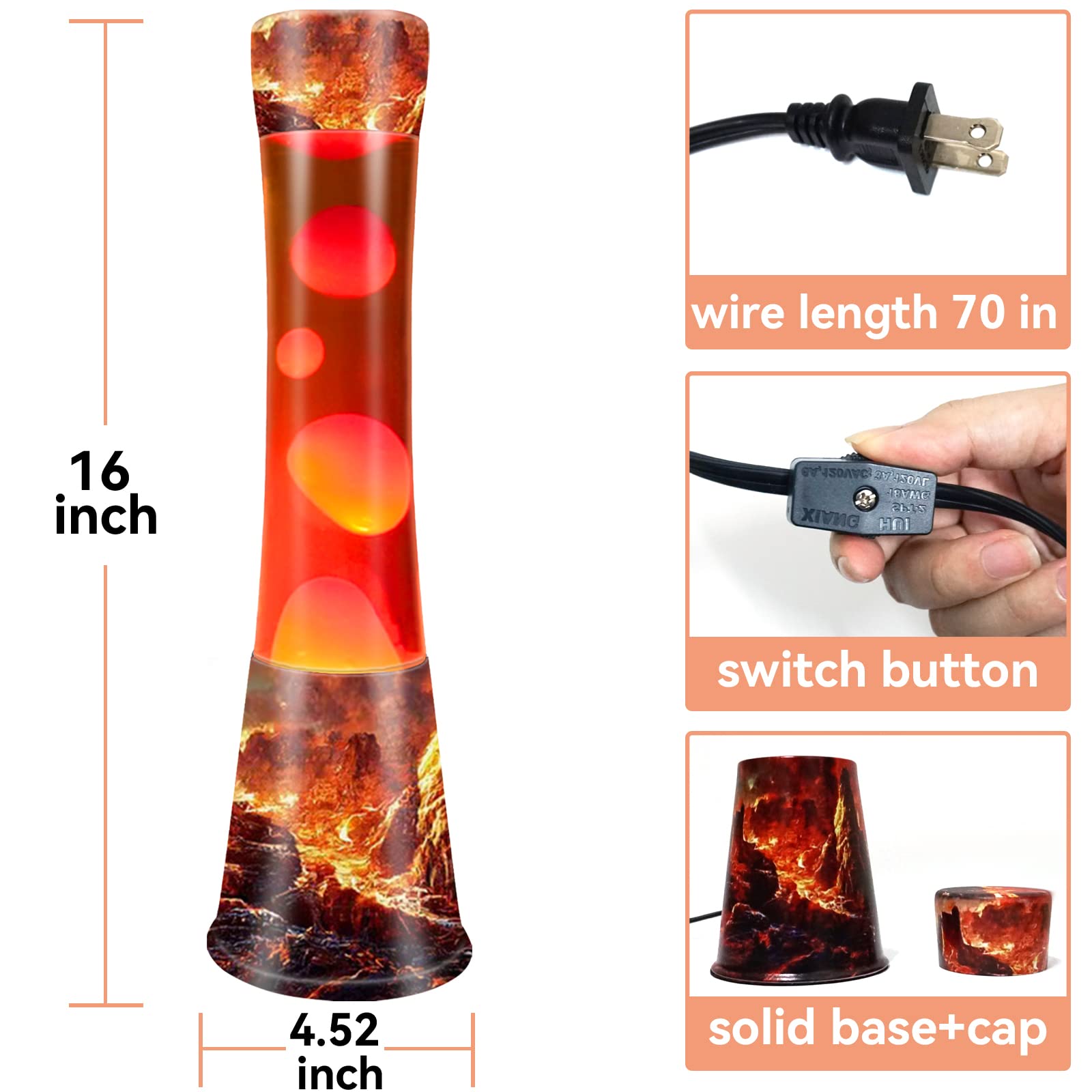 Luz de movimiento, lámpara de volcán de 16 pulgadas con cera roja líquida naranja, luces de noche frescas para el hogar, dormitorio, oficina, decoración de vacaciones, lámparas de lava para 3