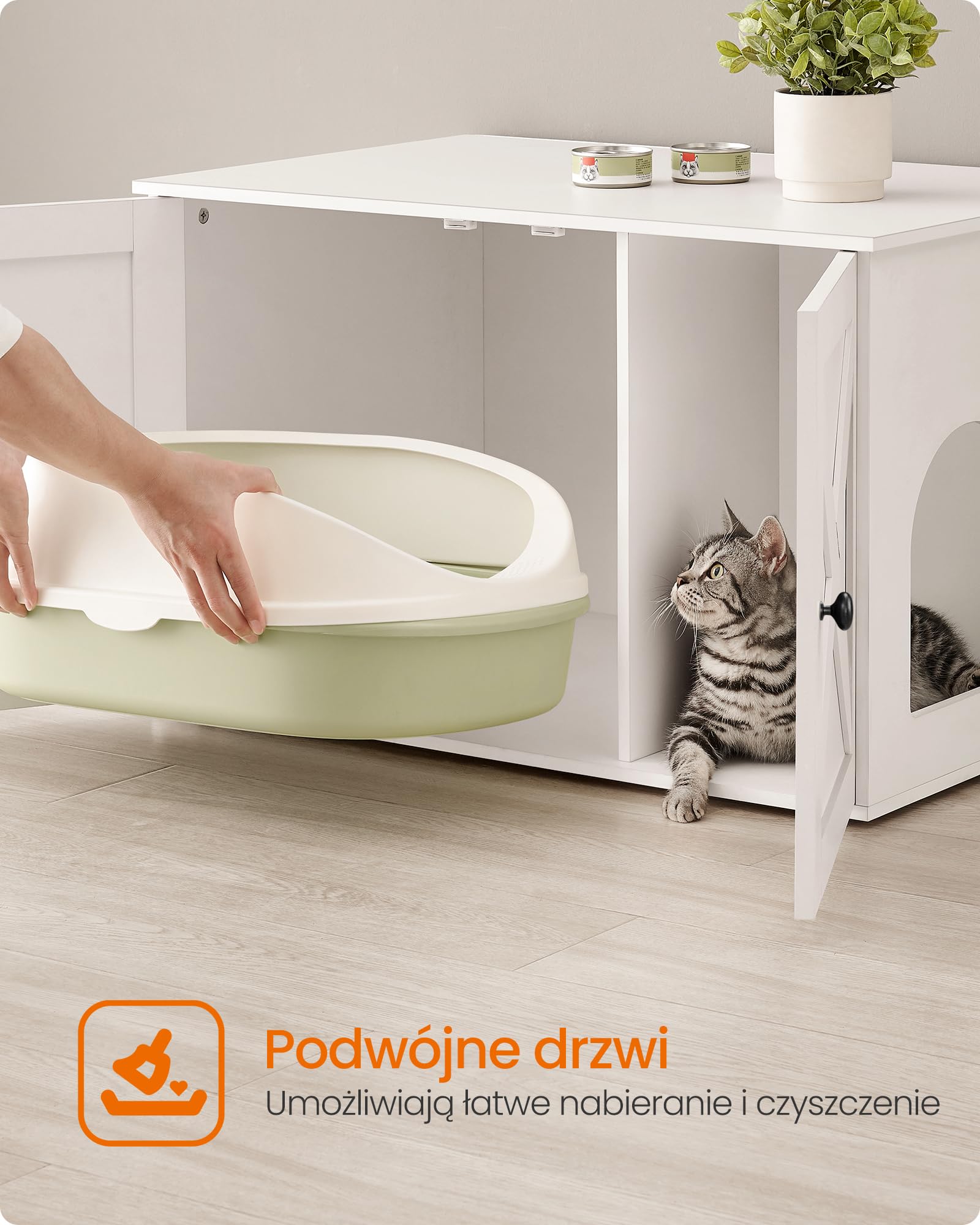 Feandrea Domek toaletowy dla kota, budka, szafka na kuwety dla kota, ze zdejmowaną przegrodą, ociekaczem do kuwety, stolik kawowy, 80 x 53 x 50 cm, biały PCL002W01