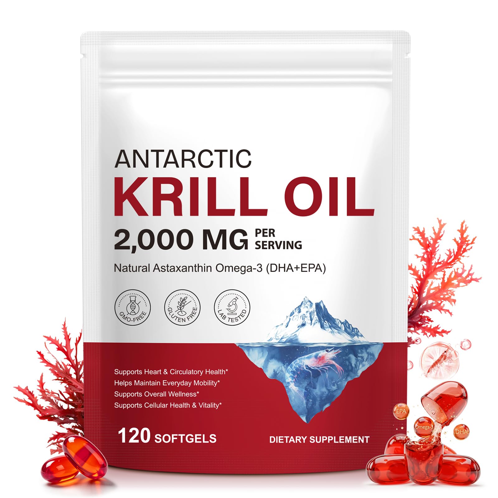 Antarctic Krill Oil 2000mg 120 Softgels - Omega-3 Supplement with EPA & DHA, Phospholipids & Astaxanthin - Supports Heart, Brain & Joint Health - High Absorption, No Fishy Burps