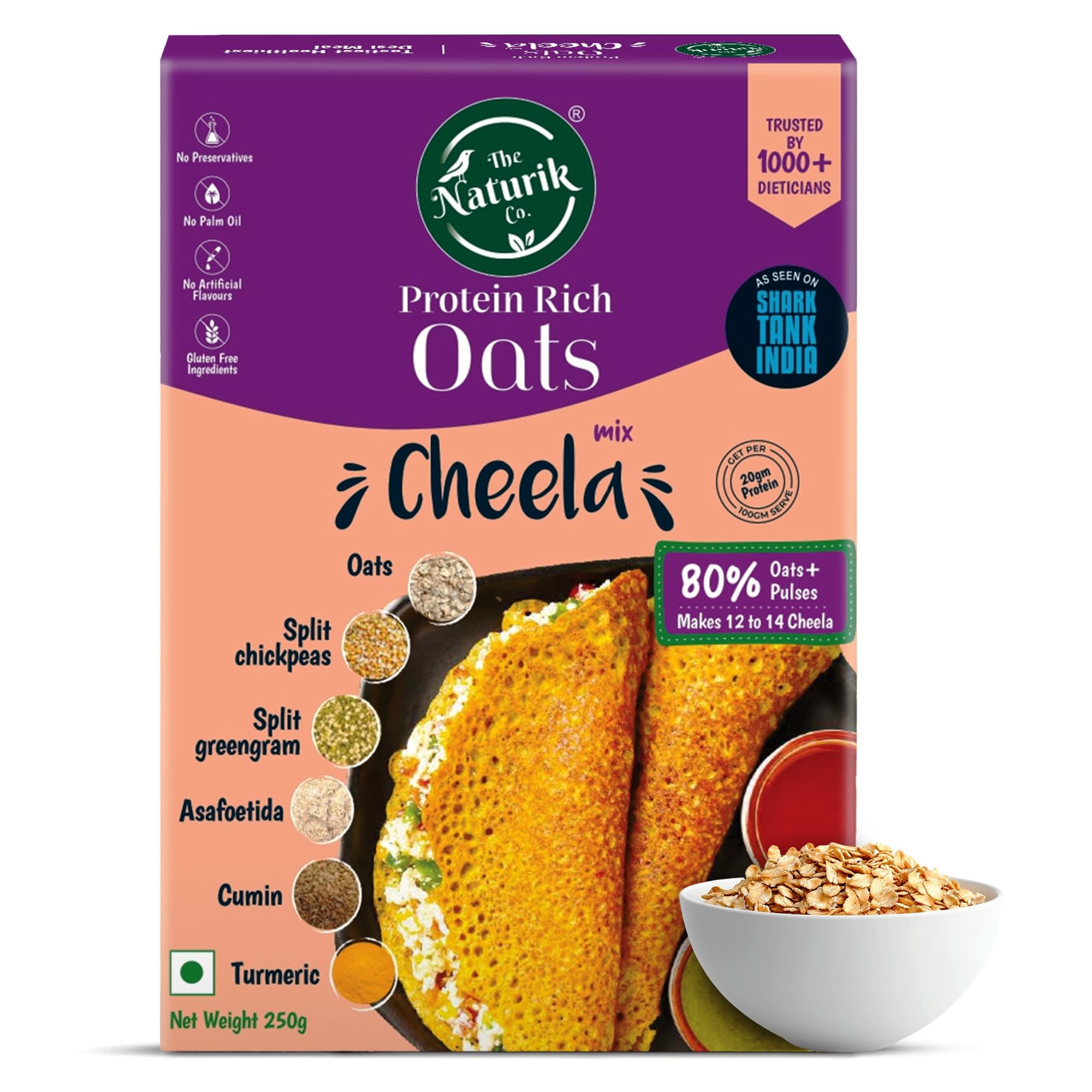 The Naturik Co. Oats Chilla Mix 250g: Instant, Ready-to-Cook Cheela & Dosa Mix with 80% Oats & Pulses, High-Protein Healthy Breakfast Option for Kids & Family | As Seen On Shark Tank