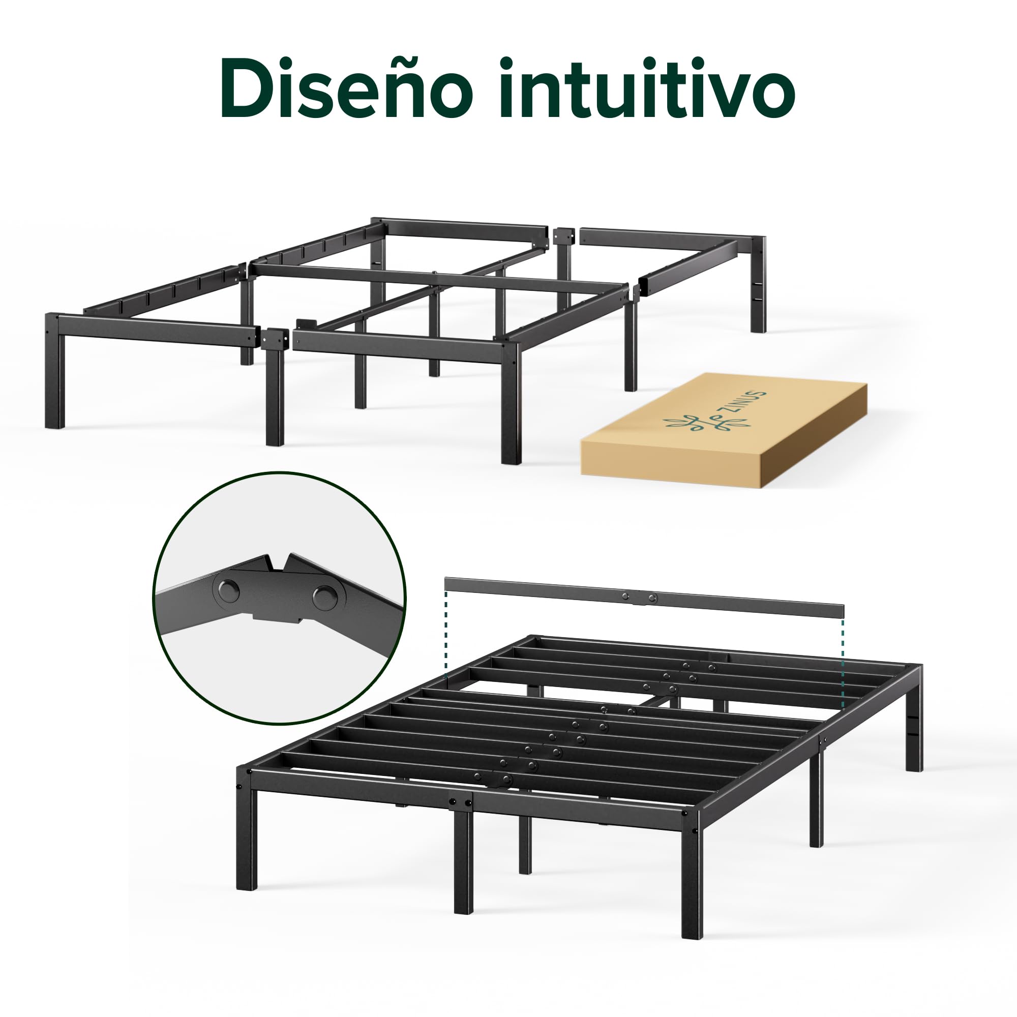 Zinus Elias Cama 150x190 cm - Altura 36 cm con Almacenamiento Debajo de la Cama - Marco de la Cama de Plataforma de Metal - Negro