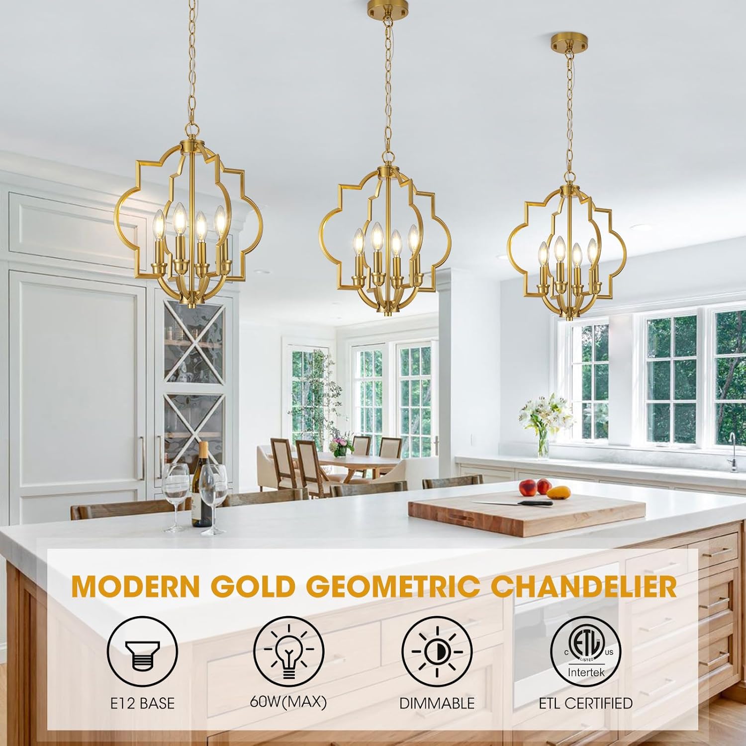4-light brushed gold chandeliers for dining room, 15.6" farmhouse geometric pendant light fixture for entryway foyer kitchen bathroom over sink 15.6 inch - brushed gold