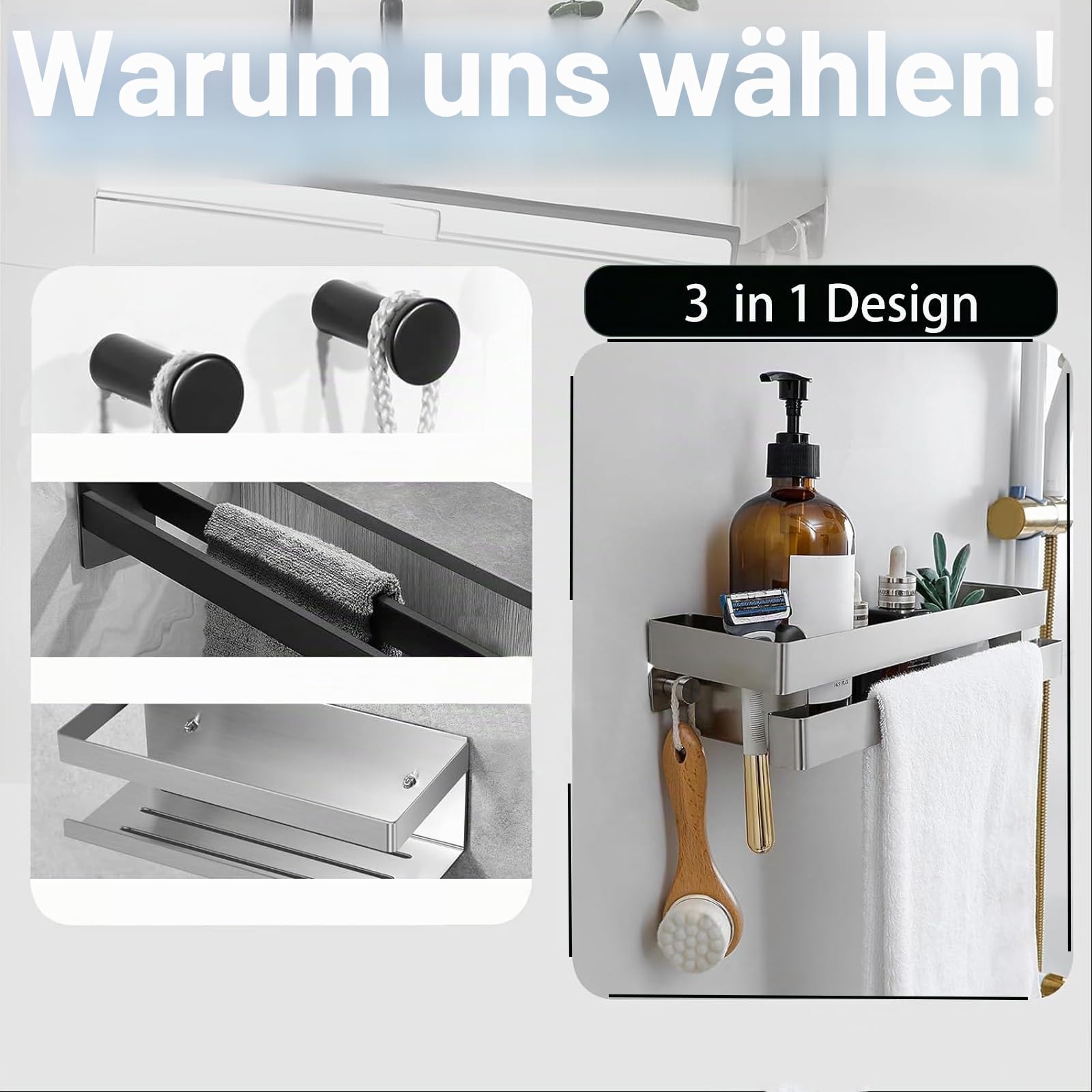 Ohne Bohren Edelstahl Badezimmer-Regal mit Haken - Wasserdichtes Wandregal für Duschgel, Shampoo & Handtuch - Rostfreier Dusche Organizer mit 5KG Tragkraft -Edelstahl matt