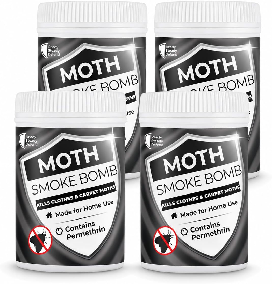Moth Smoke Bombs (Pack of 4) 13.25% Permethrin - Maximum Strength Carpet Moth Killer, Quick & Efficient, Thorough Coverage, Essential for Moth Treatment, Clean & Non Staining