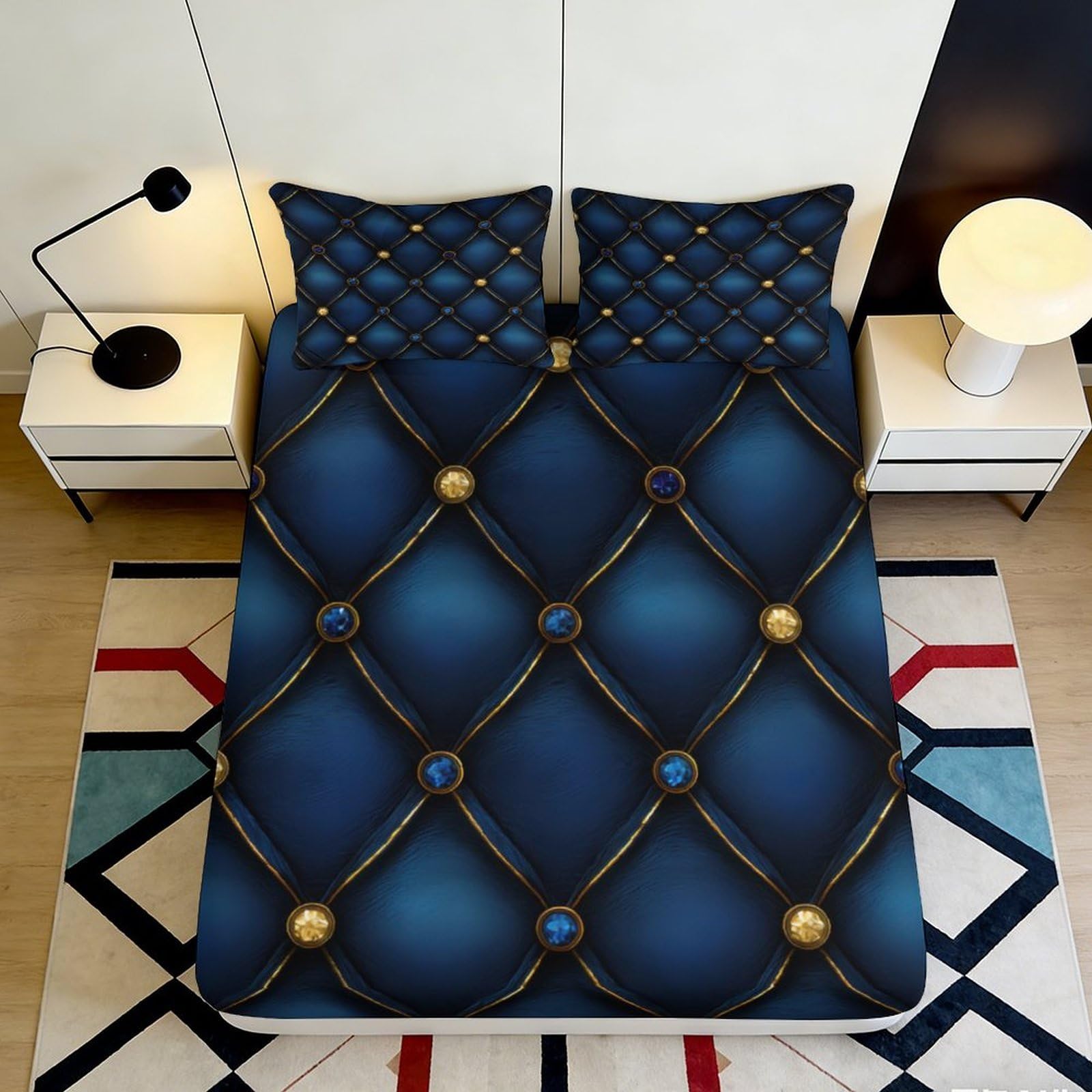 3D Printed navy blue geometric Fitted Sheet with gold accent, Microfiber soft touch, wrinkle resistant, home decor piece, guest room bedding 90x200x25cm