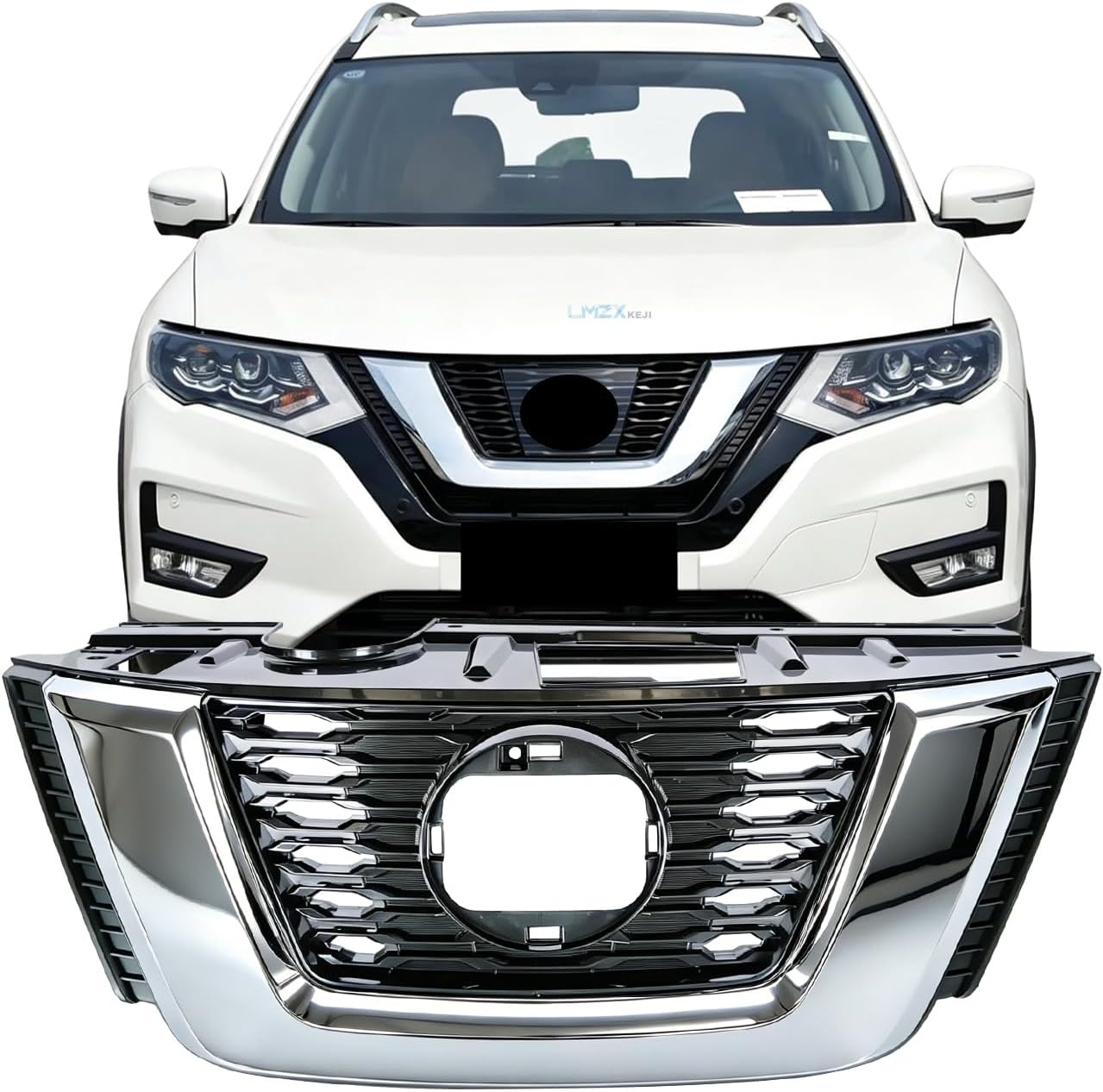 Front Bumper Upper Grille Compatible with 2018 2019 2020 Nissan Rogue Chrome & Black Horizontal Mesh ABS Radiator Grill Replacement Part Grille